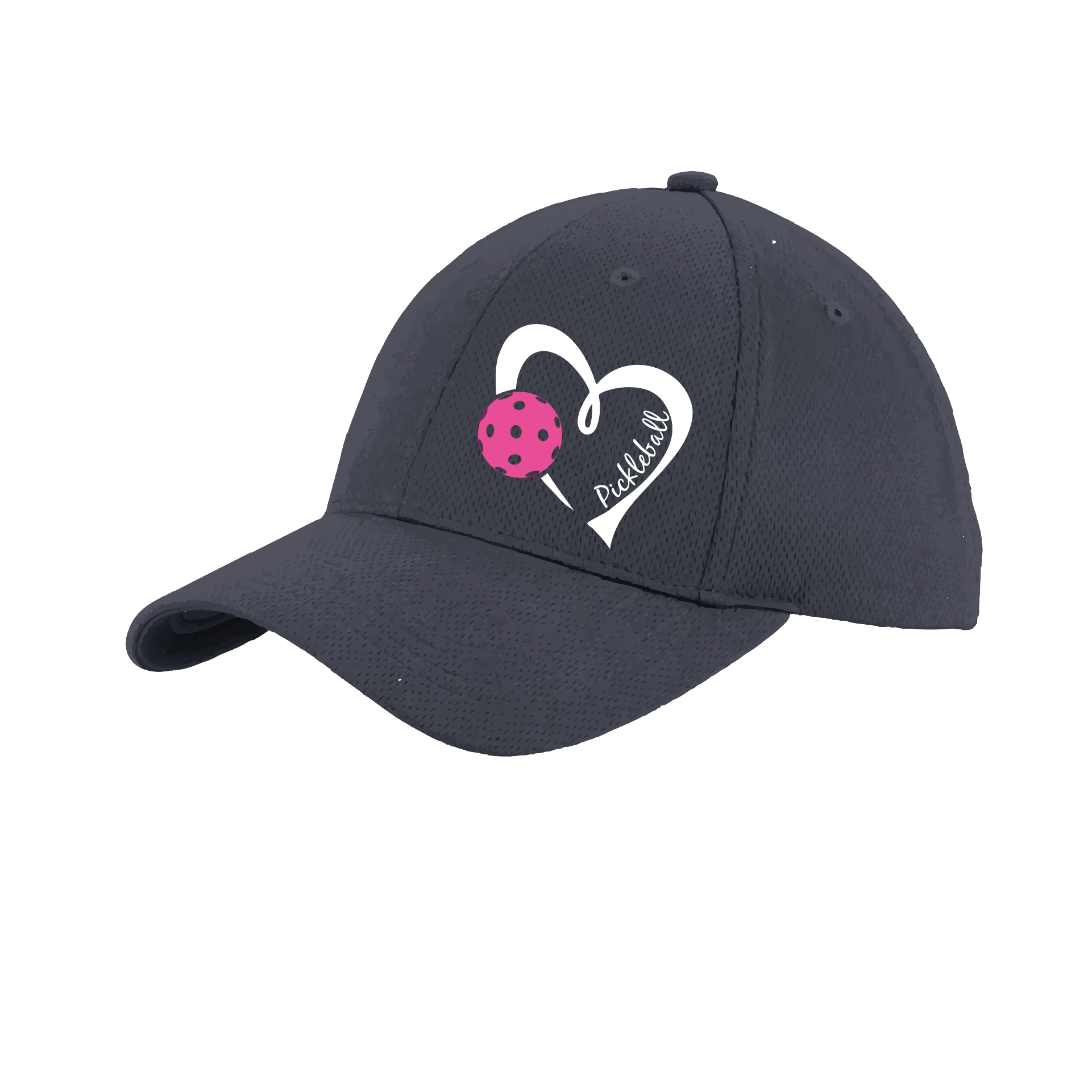 Pickleball Hat Design: Pickleball Heart  This fun pickleball hat is the perfect accessory for all pickleball players needing to keep their focus on the game and not the sun. The moisture-wicking material is made of 100% polyester with closed-hole flat back mesh and PosiCharge Technology. The back closure is a hock and loop style made to adjust to every adult.