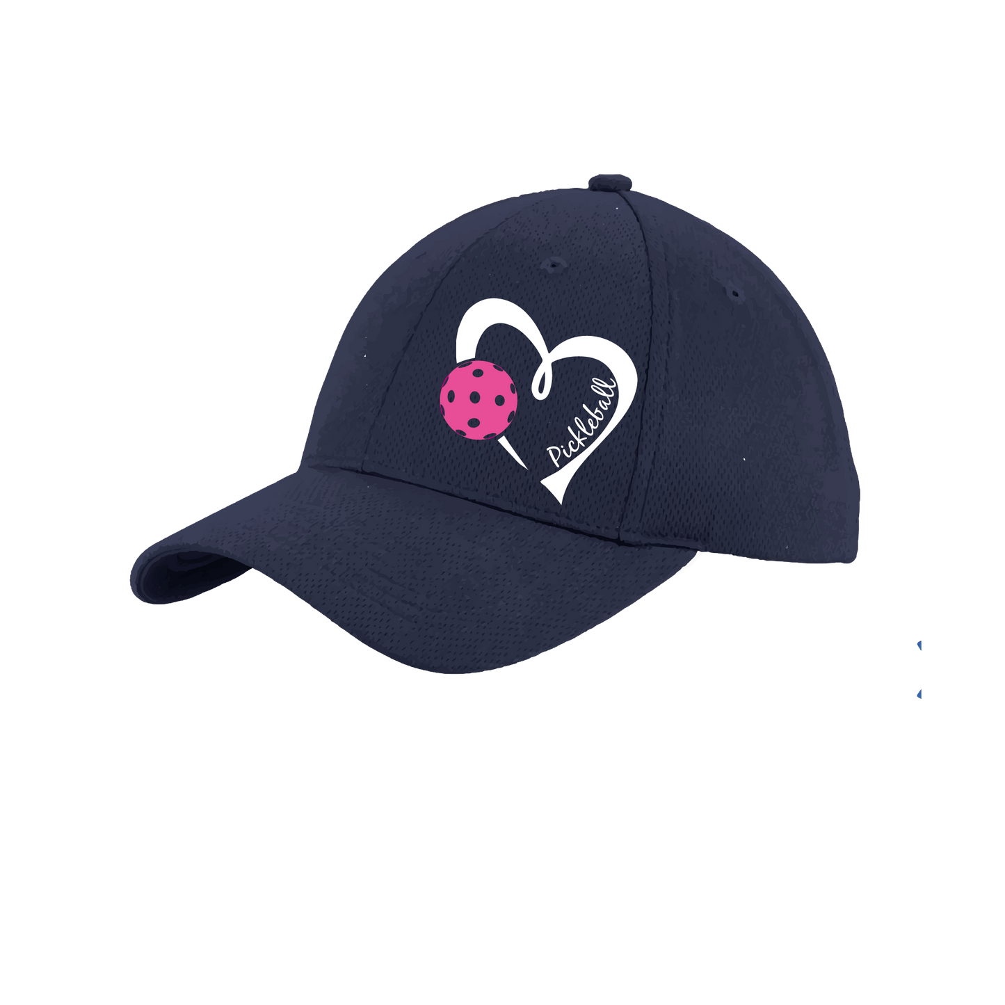 Pickleball Hat Design: Pickleball Heart  This fun pickleball hat is the perfect accessory for all pickleball players needing to keep their focus on the game and not the sun. The moisture-wicking material is made of 100% polyester with closed-hole flat back mesh and PosiCharge Technology. The back closure is a hock and loop style made to adjust to every adult.