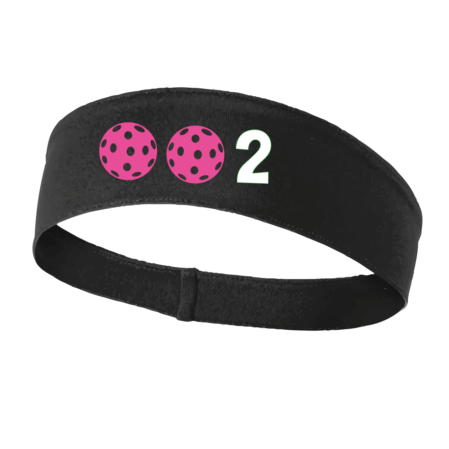 Design: 002 with Customizable Ball Colors  This fun, pickleball designed, moisture-wicking headband narrows in the back to fit more securely. Single-needle top-stitched edging. These headbands come in a variety of colors. Truly shows your love for the sport of pickleball!!