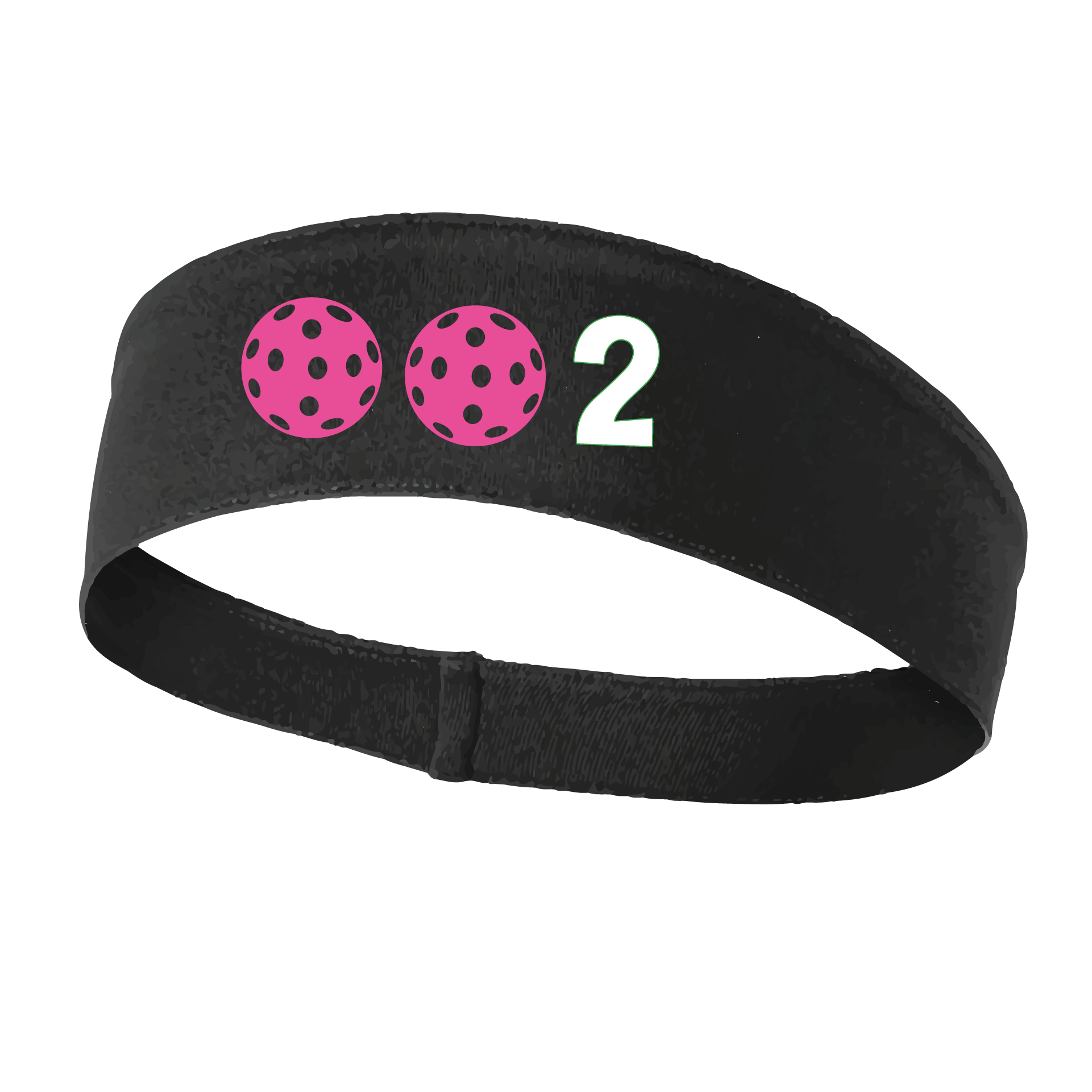 Design: 002 with Customizable Ball Colors  This fun, pickleball designed, moisture-wicking headband narrows in the back to fit more securely. Single-needle top-stitched edging. These headbands come in a variety of colors. Truly shows your love for the sport of pickleball!!