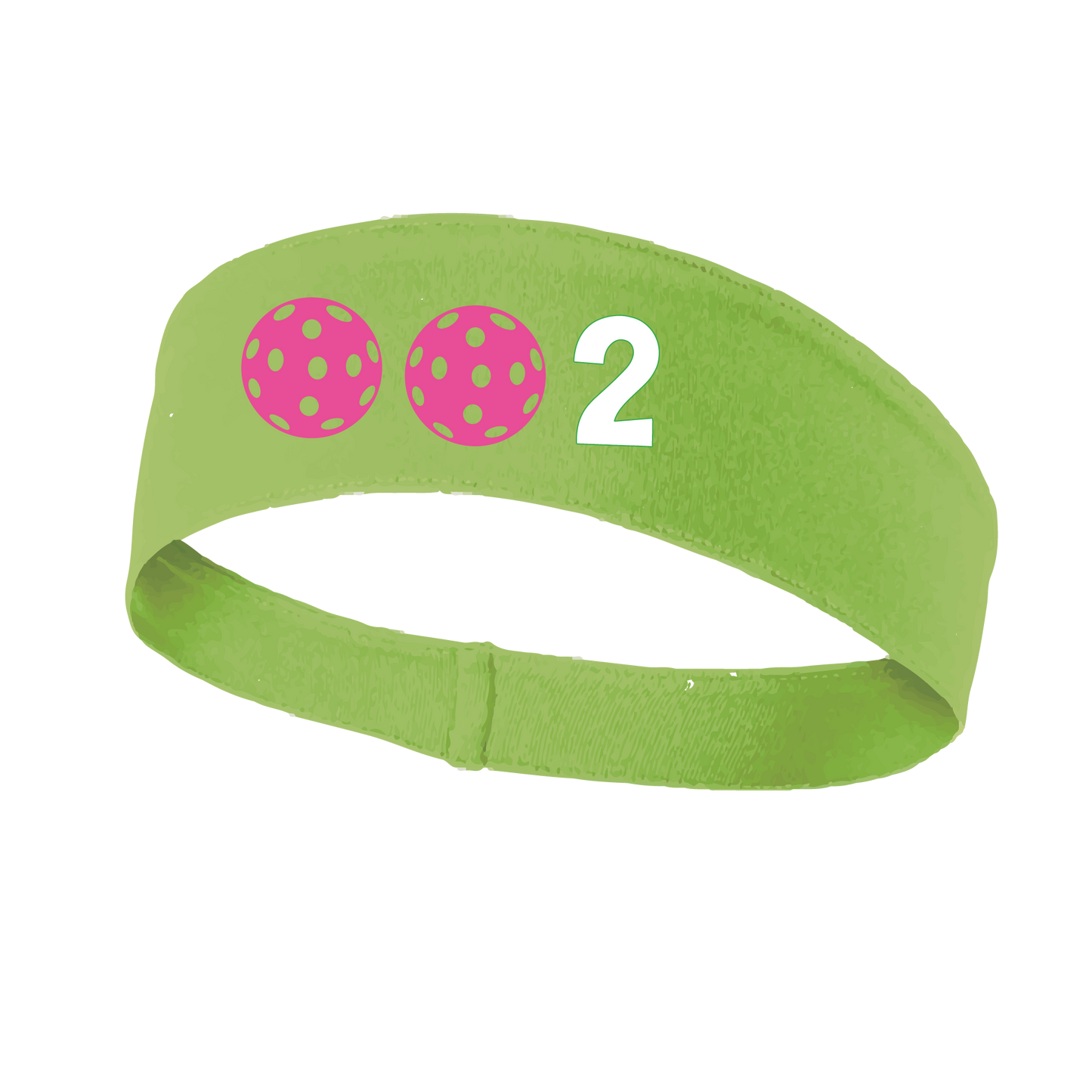 Design: 002 with Customizable Ball Colors  This fun, pickleball designed, moisture-wicking headband narrows in the back to fit more securely. Single-needle top-stitched edging. These headbands come in a variety of colors. Truly shows your love for the sport of pickleball!!