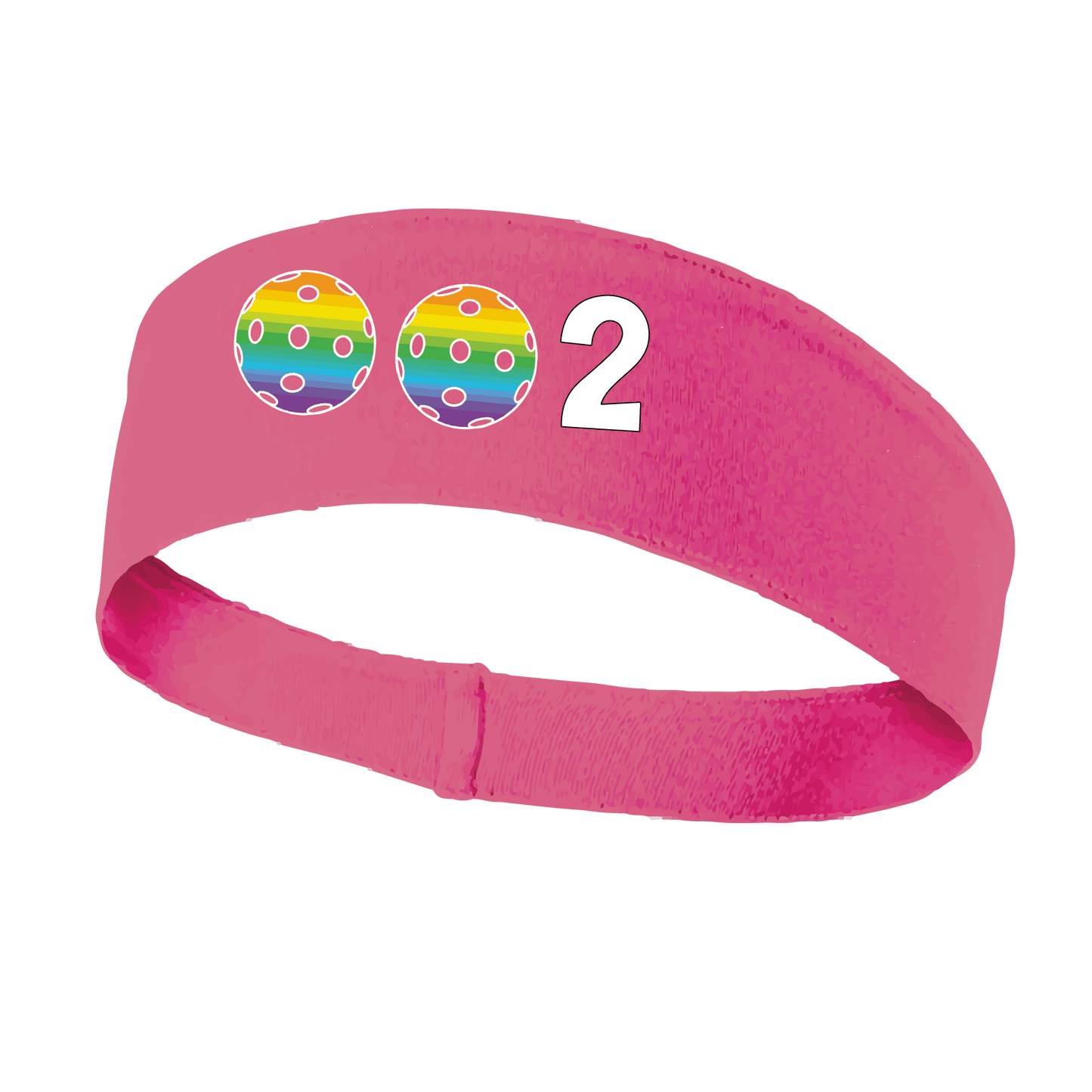 Design: 002 with Customizable Ball Colors  This fun, pickleball designed, moisture-wicking headband narrows in the back to fit more securely. Single-needle top-stitched edging. These headbands come in a variety of colors. Truly shows your love for the sport of pickleball!!