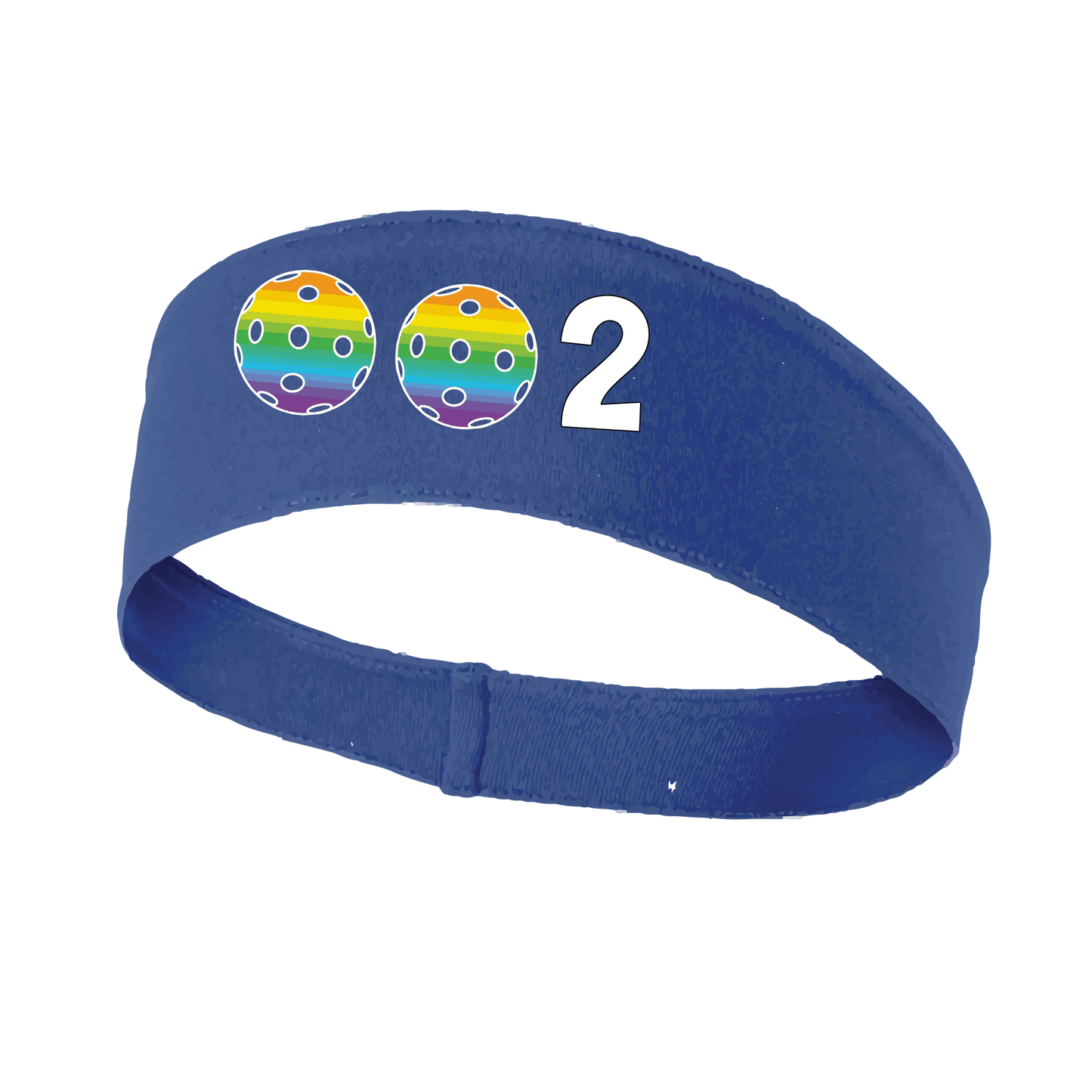 Design: 002 with Customizable Ball Colors  This fun, pickleball designed, moisture-wicking headband narrows in the back to fit more securely. Single-needle top-stitched edging. These headbands come in a variety of colors. Truly shows your love for the sport of pickleball!!