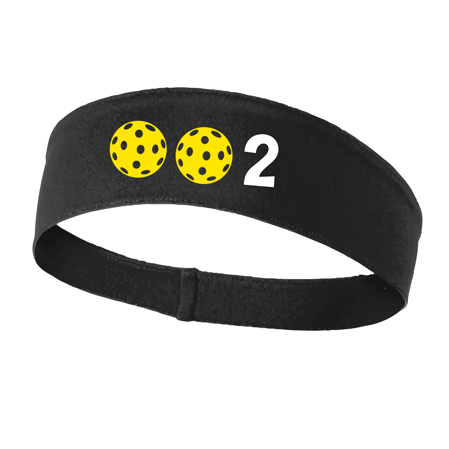 Design: 002 with Customizable Ball Colors  This fun, pickleball designed, moisture-wicking headband narrows in the back to fit more securely. Single-needle top-stitched edging. These headbands come in a variety of colors. Truly shows your love for the sport of pickleball!!