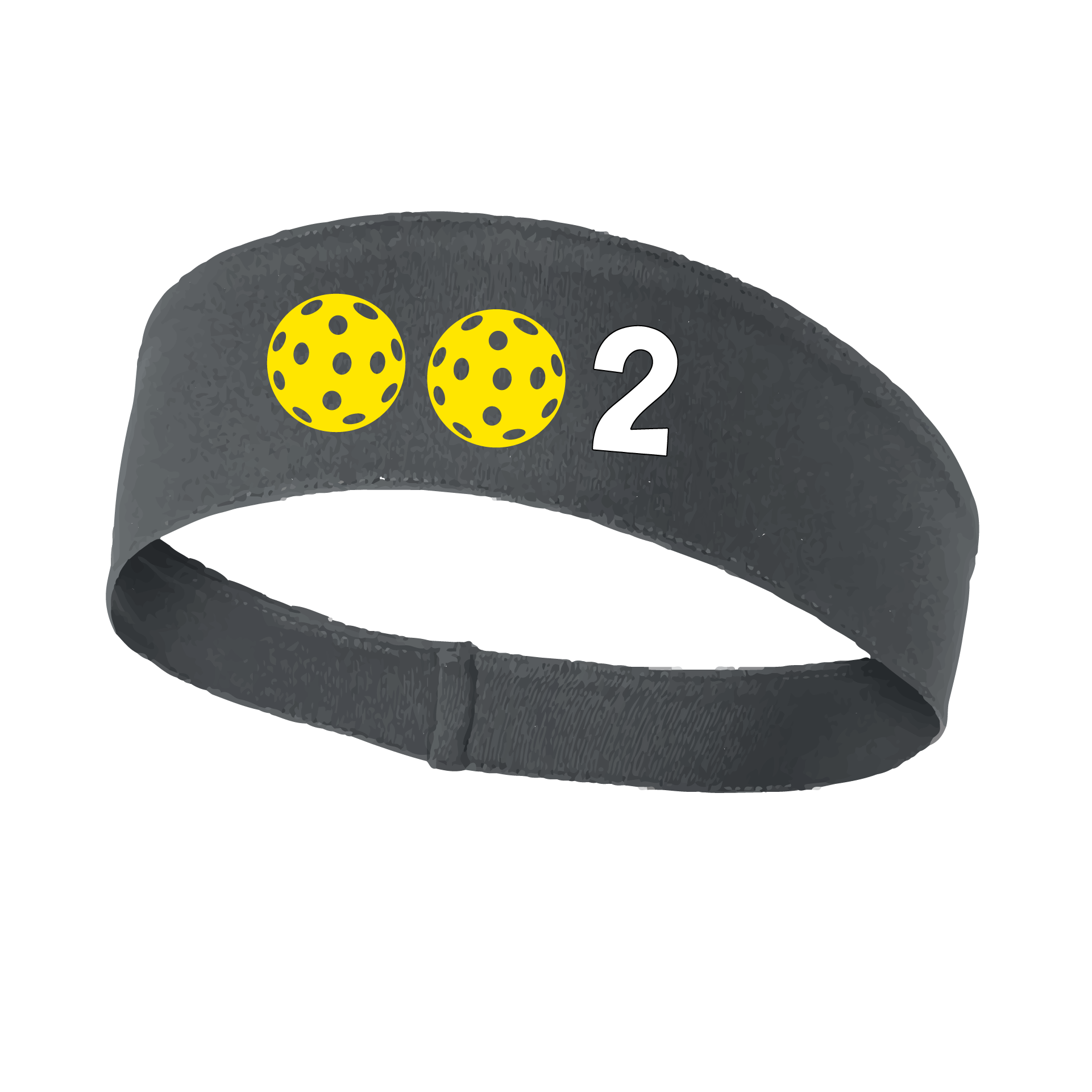 Design: 002 with Customizable Ball Colors  This fun, pickleball designed, moisture-wicking headband narrows in the back to fit more securely. Single-needle top-stitched edging. These headbands come in a variety of colors. Truly shows your love for the sport of pickleball!!