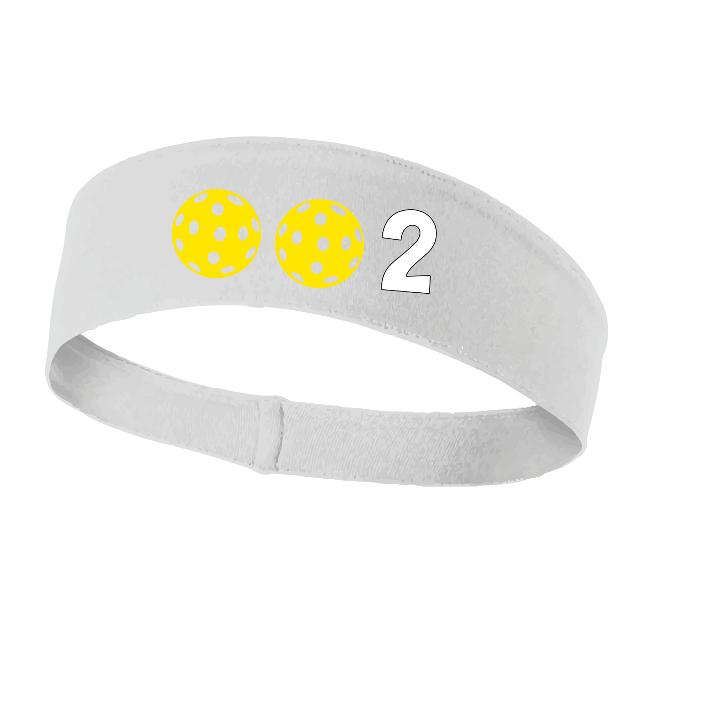 Design: 002 with Customizable Ball Colors  This fun, pickleball designed, moisture-wicking headband narrows in the back to fit more securely. Single-needle top-stitched edging. These headbands come in a variety of colors. Truly shows your love for the sport of pickleball!!