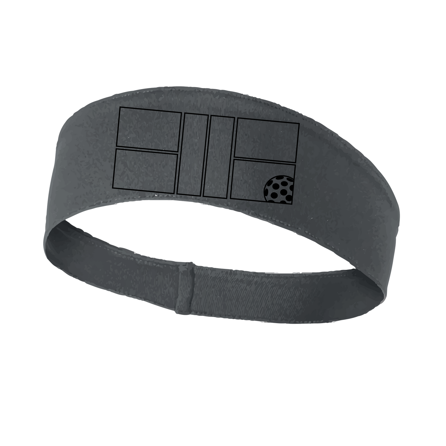 Pickleball Headband Design: Black Pickleball Court with Pickleball  This fun, pickleball designed, moisture-wicking headband narrows in the back to fit more securely. Single-needle top-stitched edging. These headbands come in a variety of colors. Truly shows your love for the sport of pickleball!!