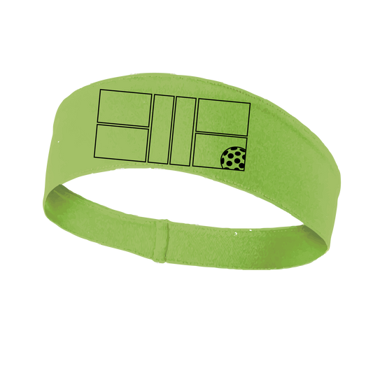 Pickleball Headband Design: Black Pickleball Court with Pickleball  This fun, pickleball designed, moisture-wicking headband narrows in the back to fit more securely. Single-needle top-stitched edging. These headbands come in a variety of colors. Truly shows your love for the sport of pickleball!!