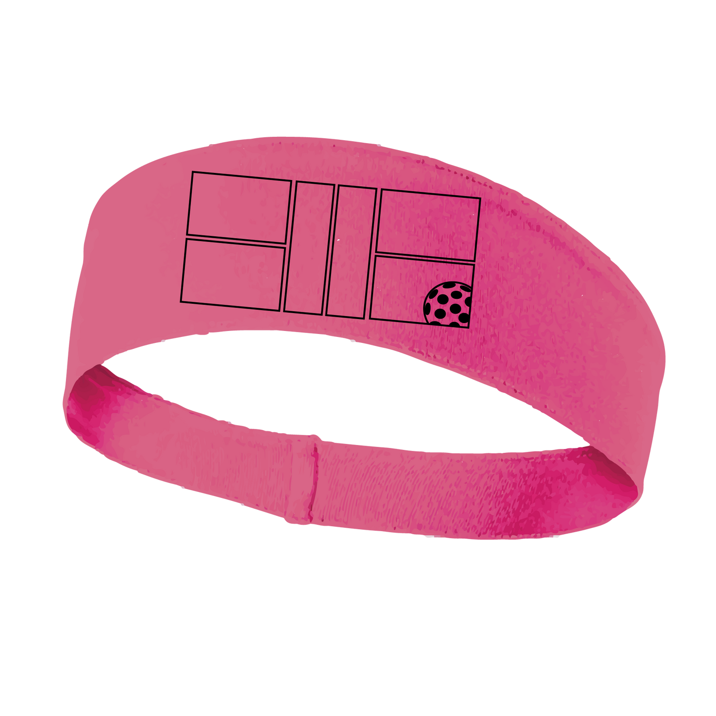 Pickleball Headband Design: Black Pickleball Court with Pickleball  This fun, pickleball designed, moisture-wicking headband narrows in the back to fit more securely. Single-needle top-stitched edging. These headbands come in a variety of colors. Truly shows your love for the sport of pickleball!!