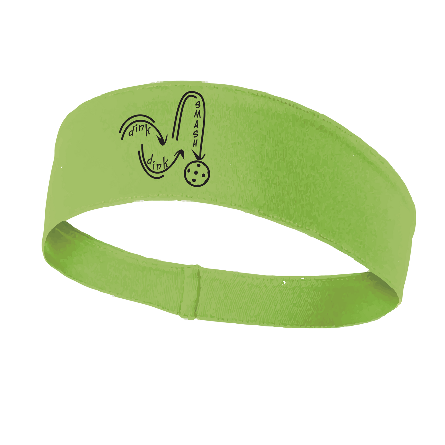 Pickleball Design: Dink Dink Smash in Black  This fun, pickleball designed, moisture-wicking headband narrows in the back to fit more securely. Single-needle top-stitched edging. These headbands come in a variety of colors. Truly shows your love for the sport of pickleball!!