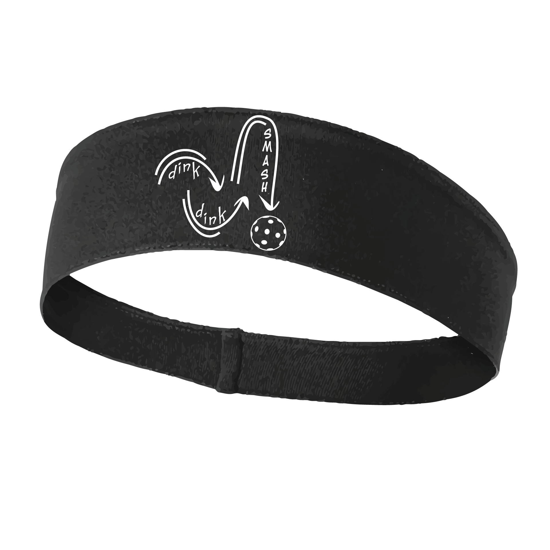Pickleball Design: Dink Dink Smash in White  This fun, pickleball designed, moisture-wicking headband narrows in the back to fit more securely. Single-needle top-stitched edging. These headbands come in a variety of colors. Truly shows your love for the sport of pickleball!!