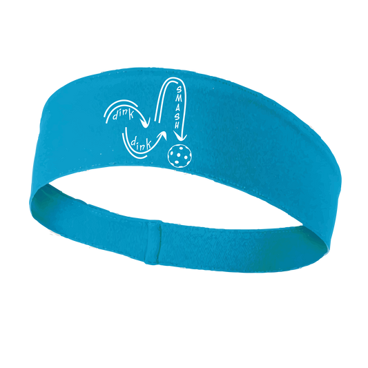 Pickleball Design: Dink Dink Smash in White  This fun, pickleball designed, moisture-wicking headband narrows in the back to fit more securely. Single-needle top-stitched edging. These headbands come in a variety of colors. Truly shows your love for the sport of pickleball!!