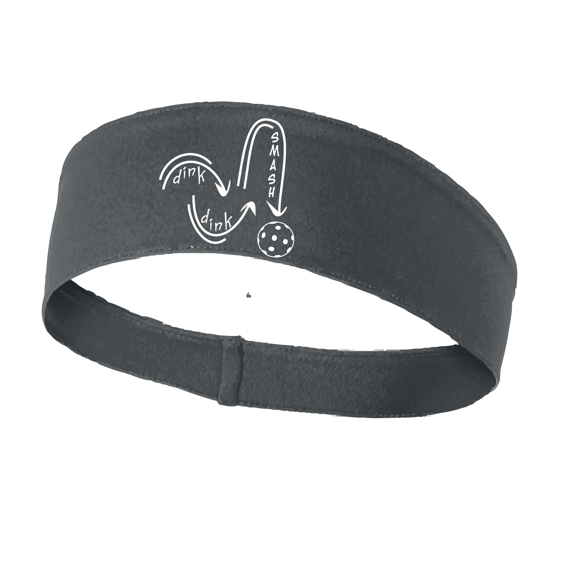 Pickleball Design: Dink Dink Smash in White  This fun, pickleball designed, moisture-wicking headband narrows in the back to fit more securely. Single-needle top-stitched edging. These headbands come in a variety of colors. Truly shows your love for the sport of pickleball!!