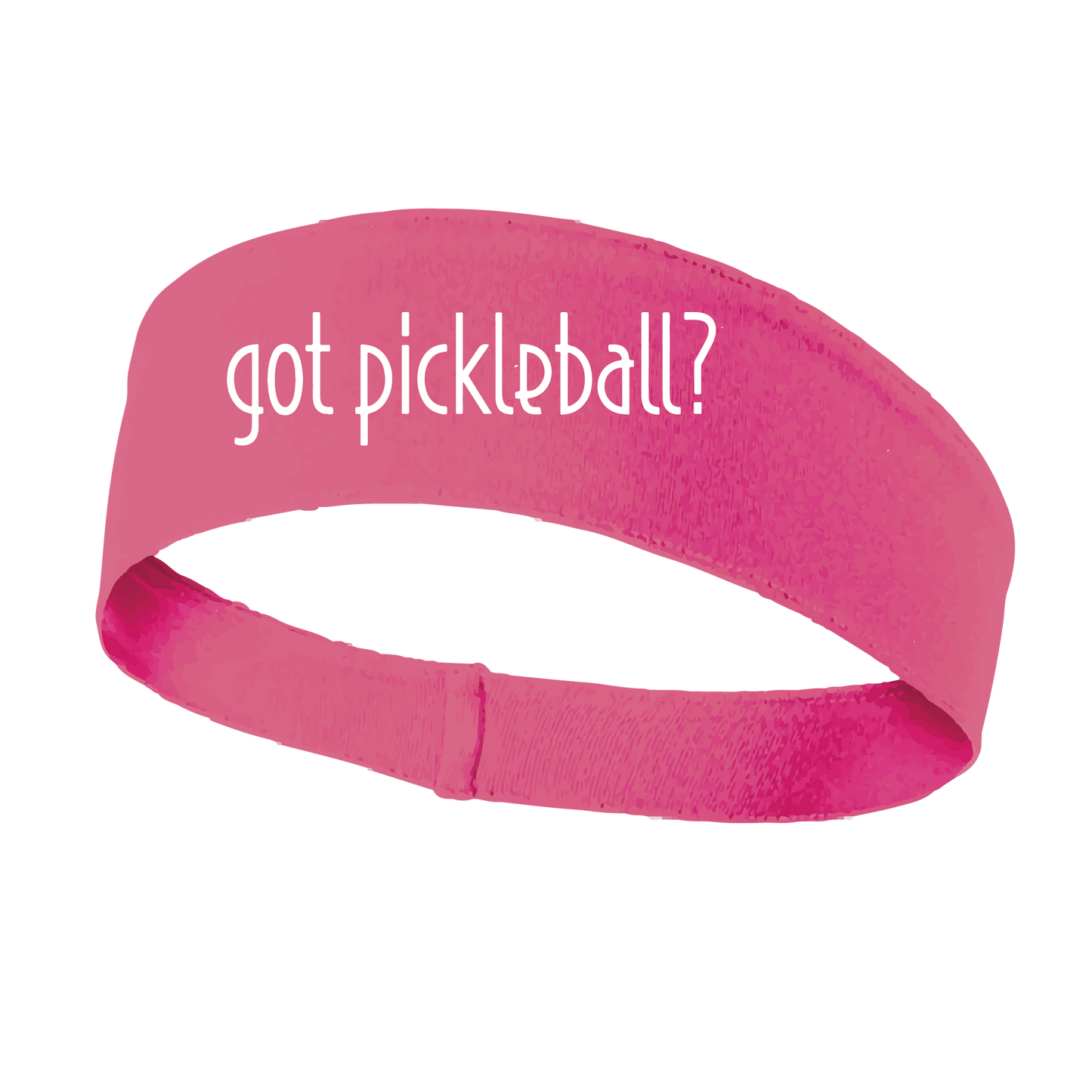 Design: Got Pickleball?  This fun, pickleball designed, moisture-wicking headband narrows in the back to fit more securely. Single-needle top-stitched edging. These headbands come in a variety of colors. Truly shows your love for the sport of pickleball!!