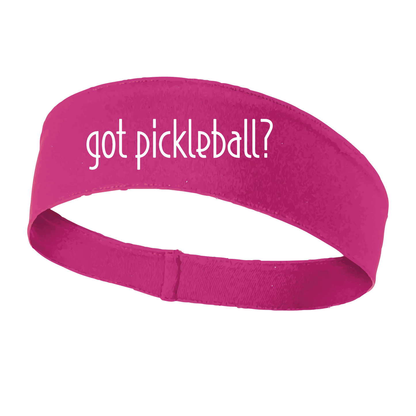 Design: Got Pickleball?  This fun, pickleball designed, moisture-wicking headband narrows in the back to fit more securely. Single-needle top-stitched edging. These headbands come in a variety of colors. Truly shows your love for the sport of pickleball!!