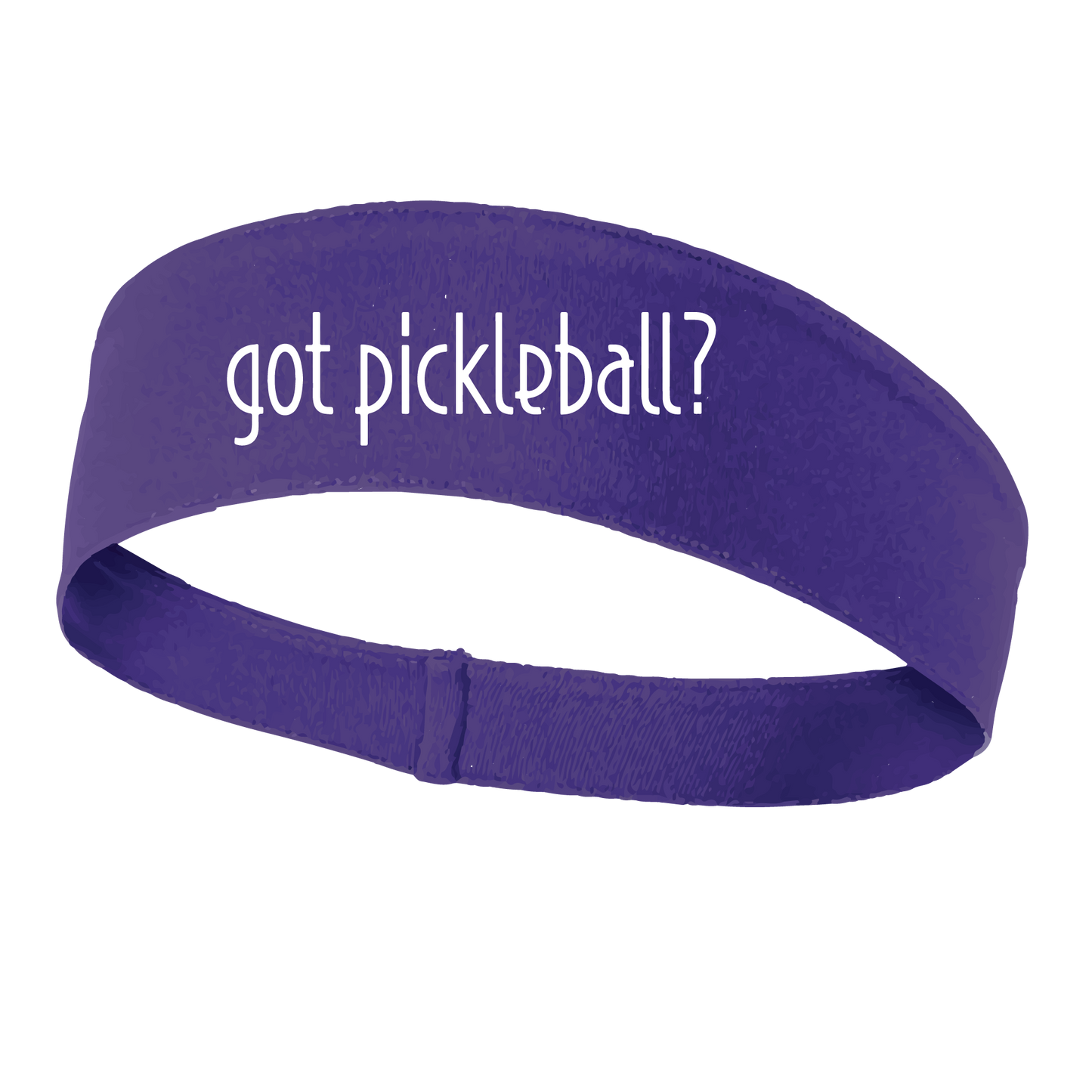 Design: Got Pickleball?  This fun, pickleball designed, moisture-wicking headband narrows in the back to fit more securely. Single-needle top-stitched edging. These headbands come in a variety of colors. Truly shows your love for the sport of pickleball!!