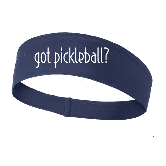 Design: Got Pickleball?  This fun, pickleball designed, moisture-wicking headband narrows in the back to fit more securely. Single-needle top-stitched edging. These headbands come in a variety of colors. Truly shows your love for the sport of pickleball!!