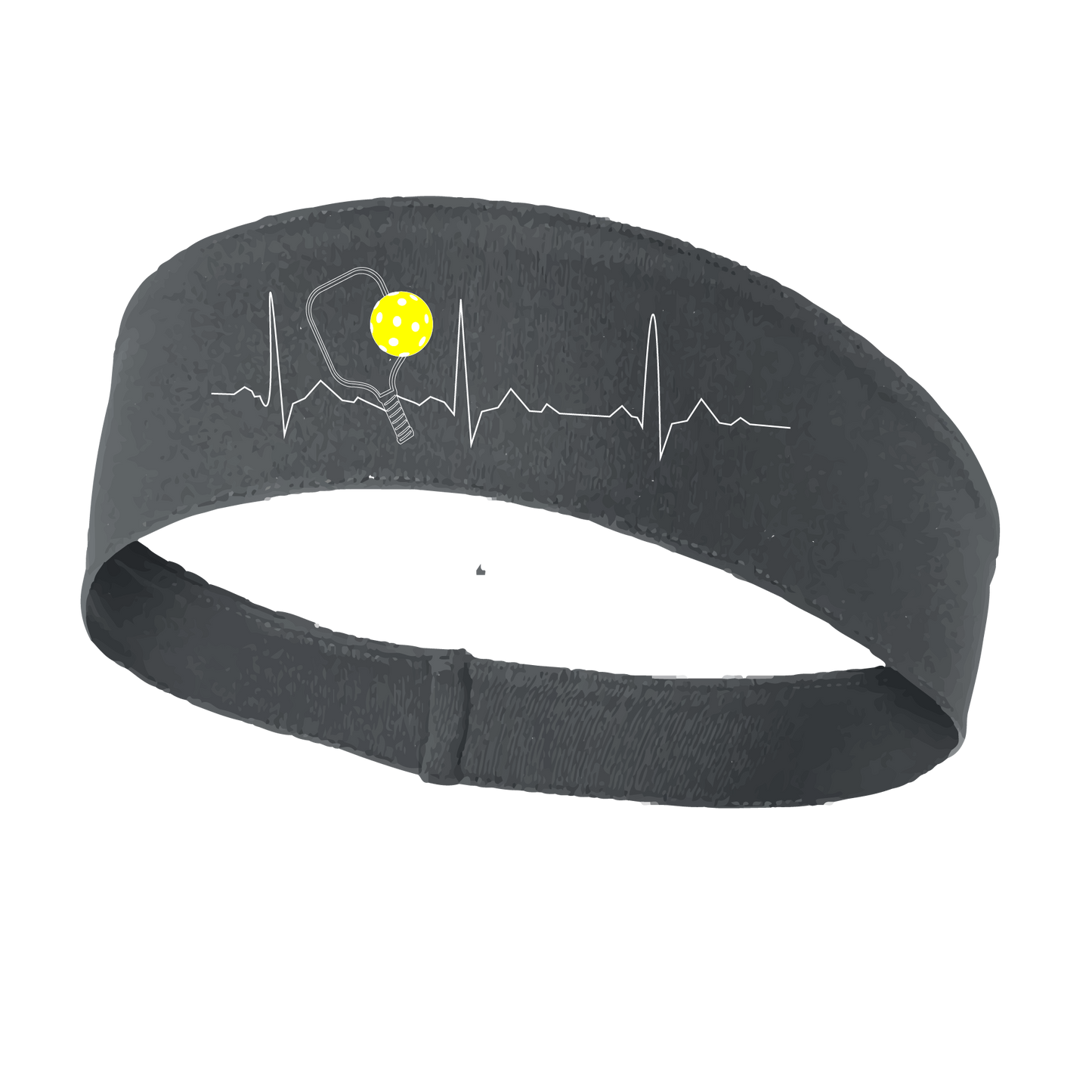 Pickleball Headband Design: Pickleball Heartbeat with white lettering and yellow ball  This fun, pickleball designed, moisture-wicking headband narrows in the back to fit more securely. Single-needle top-stitched edging. These headbands come in a variety of colors. Truly shows your love for the sport of pickleball!!