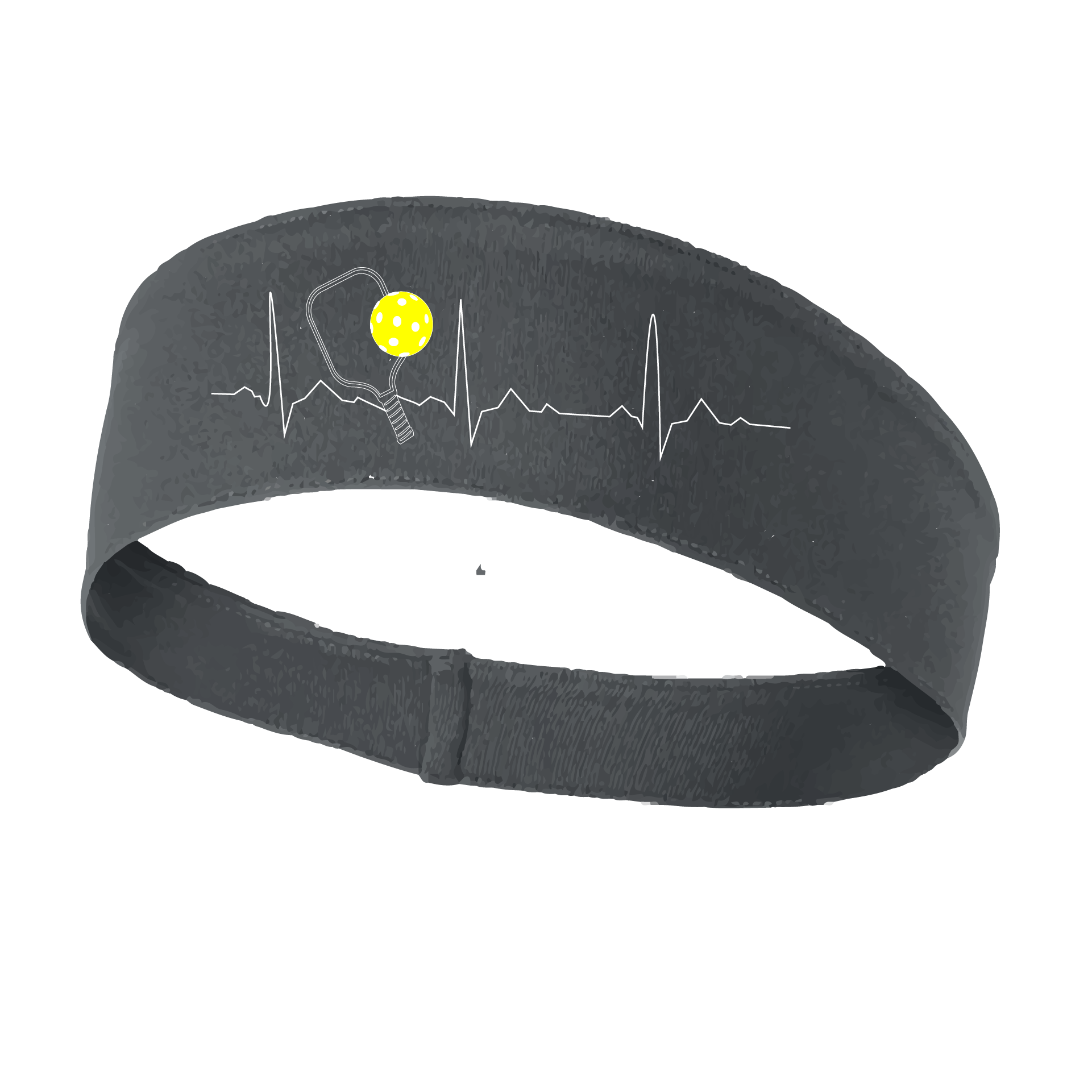 Pickleball Headband Design: Pickleball Heartbeat with white lettering and yellow ball  This fun, pickleball designed, moisture-wicking headband narrows in the back to fit more securely. Single-needle top-stitched edging. These headbands come in a variety of colors. Truly shows your love for the sport of pickleball!!