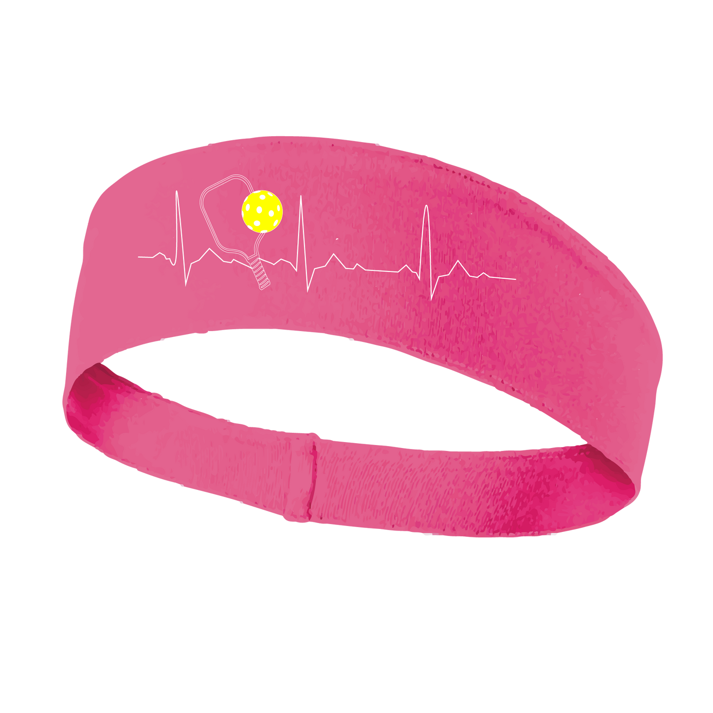 Pickleball Headband Design: Pickleball Heartbeat with white lettering and yellow ball  This fun, pickleball designed, moisture-wicking headband narrows in the back to fit more securely. Single-needle top-stitched edging. These headbands come in a variety of colors. Truly shows your love for the sport of pickleball!!