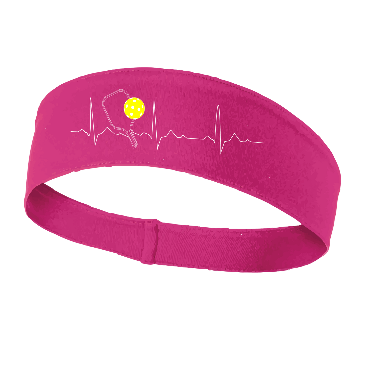 Pickleball Headband Design: Pickleball Heartbeat with white lettering and yellow ball  This fun, pickleball designed, moisture-wicking headband narrows in the back to fit more securely. Single-needle top-stitched edging. These headbands come in a variety of colors. Truly shows your love for the sport of pickleball!!