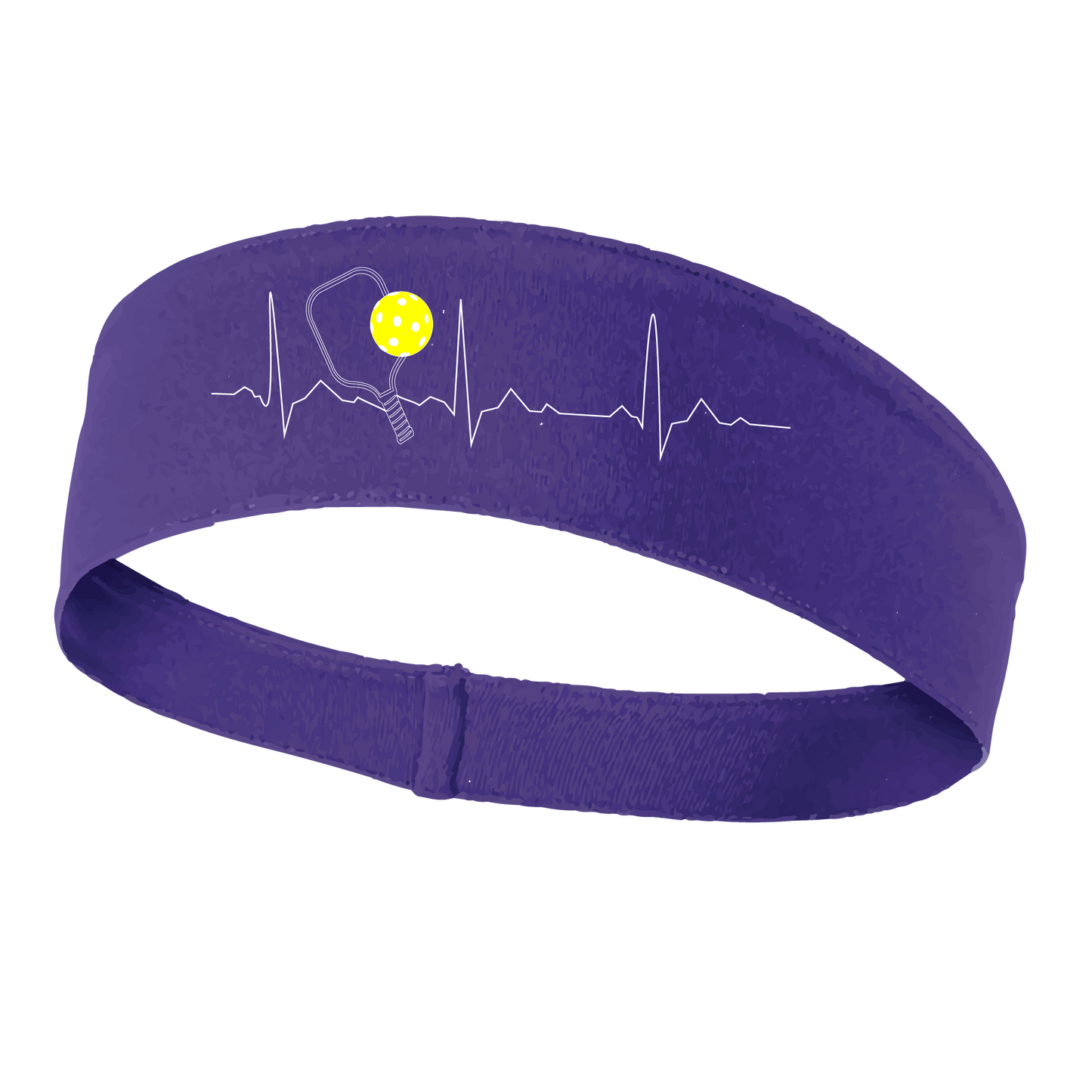 Pickleball Headband Design: Pickleball Heartbeat with white lettering and yellow ball  This fun, pickleball designed, moisture-wicking headband narrows in the back to fit more securely. Single-needle top-stitched edging. These headbands come in a variety of colors. Truly shows your love for the sport of pickleball!!