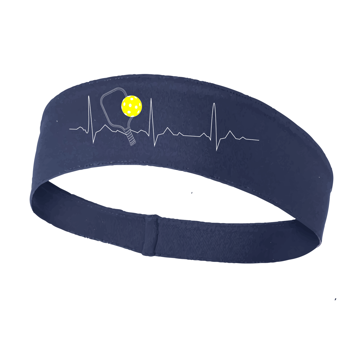 Pickleball Headband Design: Pickleball Heartbeat with white lettering and yellow ball  This fun, pickleball designed, moisture-wicking headband narrows in the back to fit more securely. Single-needle top-stitched edging. These headbands come in a variety of colors. Truly shows your love for the sport of pickleball!!