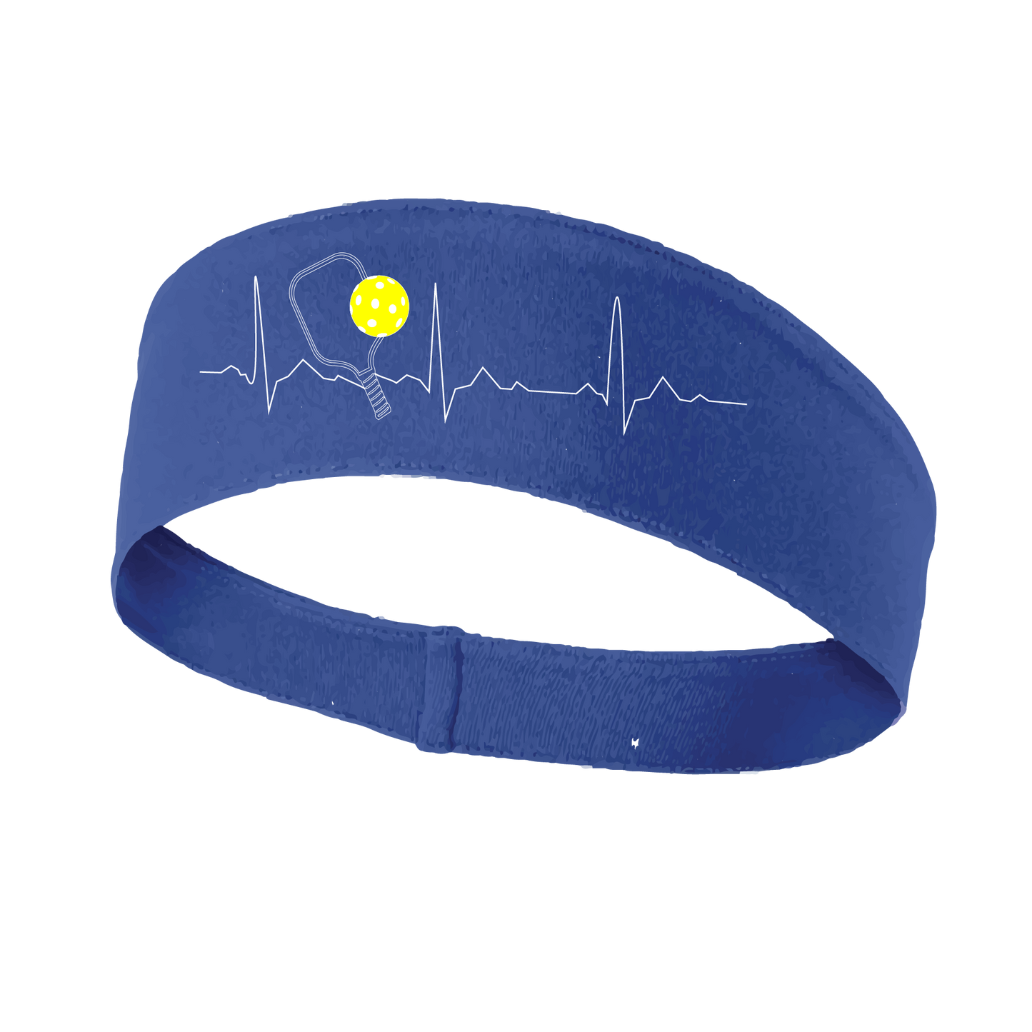 Pickleball Headband Design: Pickleball Heartbeat with white lettering and yellow ball  This fun, pickleball designed, moisture-wicking headband narrows in the back to fit more securely. Single-needle top-stitched edging. These headbands come in a variety of colors. Truly shows your love for the sport of pickleball!!