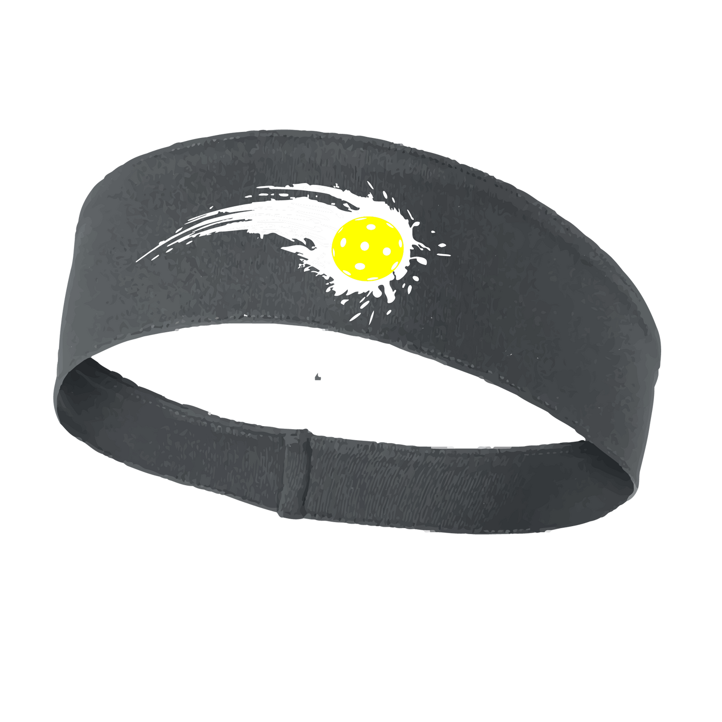 Pickleball Design: Pickleball impact white with yellow ball  This fun, pickleball designed, moisture-wicking headband narrows in the back to fit more securely. Single-needle top-stitched edging. These headbands come in a variety of colors. Truly shows your love for the sport of pickleball!!