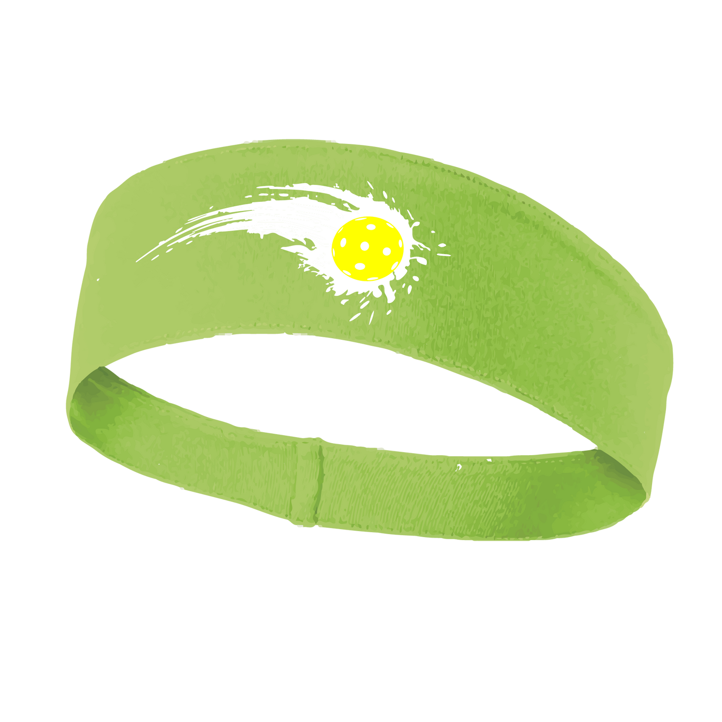 Pickleball Design: Pickleball impact white with yellow ball  This fun, pickleball designed, moisture-wicking headband narrows in the back to fit more securely. Single-needle top-stitched edging. These headbands come in a variety of colors. Truly shows your love for the sport of pickleball!!