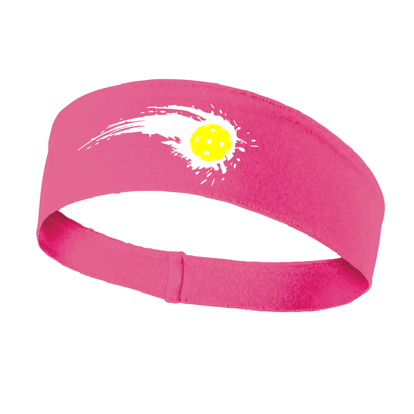 Pickleball Design: Pickleball impact white with yellow ball  This fun, pickleball designed, moisture-wicking headband narrows in the back to fit more securely. Single-needle top-stitched edging. These headbands come in a variety of colors. Truly shows your love for the sport of pickleball!!