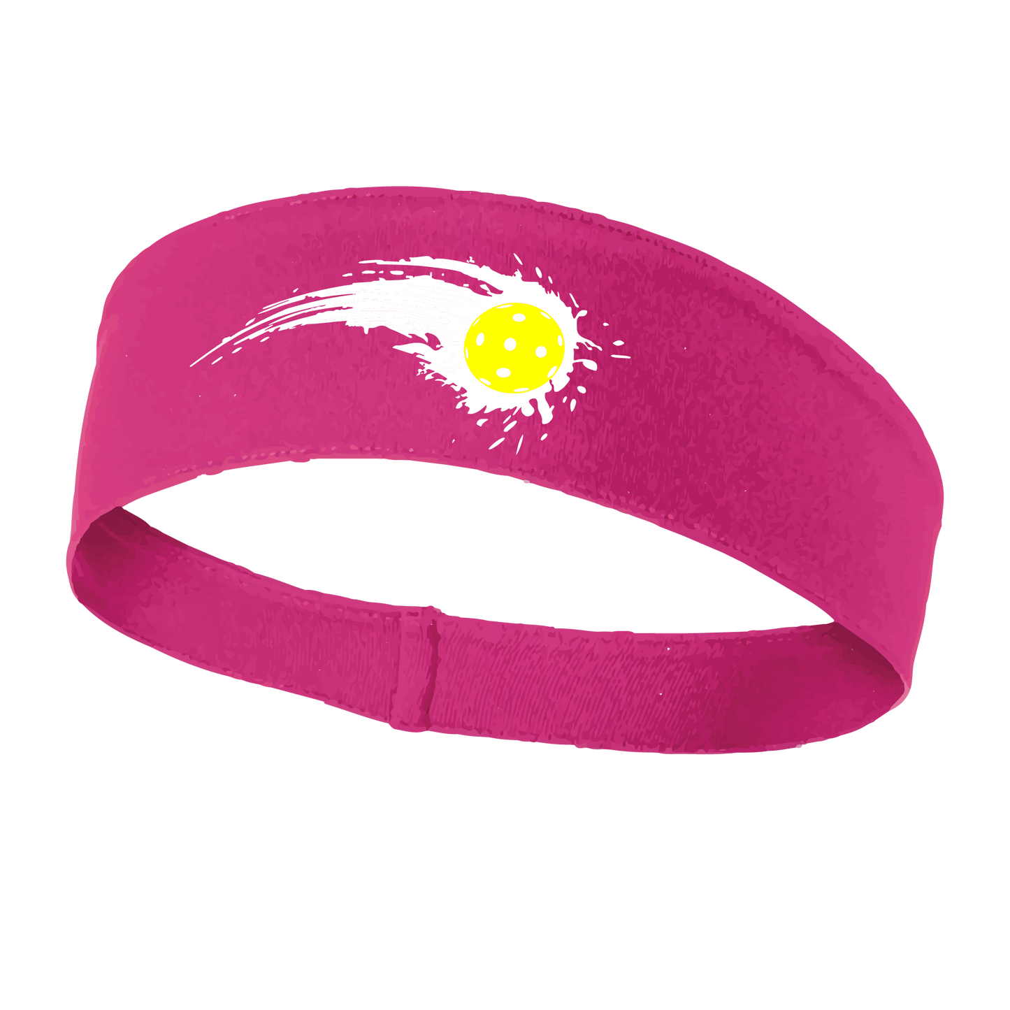 Pickleball Design: Pickleball impact white with yellow ball  This fun, pickleball designed, moisture-wicking headband narrows in the back to fit more securely. Single-needle top-stitched edging. These headbands come in a variety of colors. Truly shows your love for the sport of pickleball!!