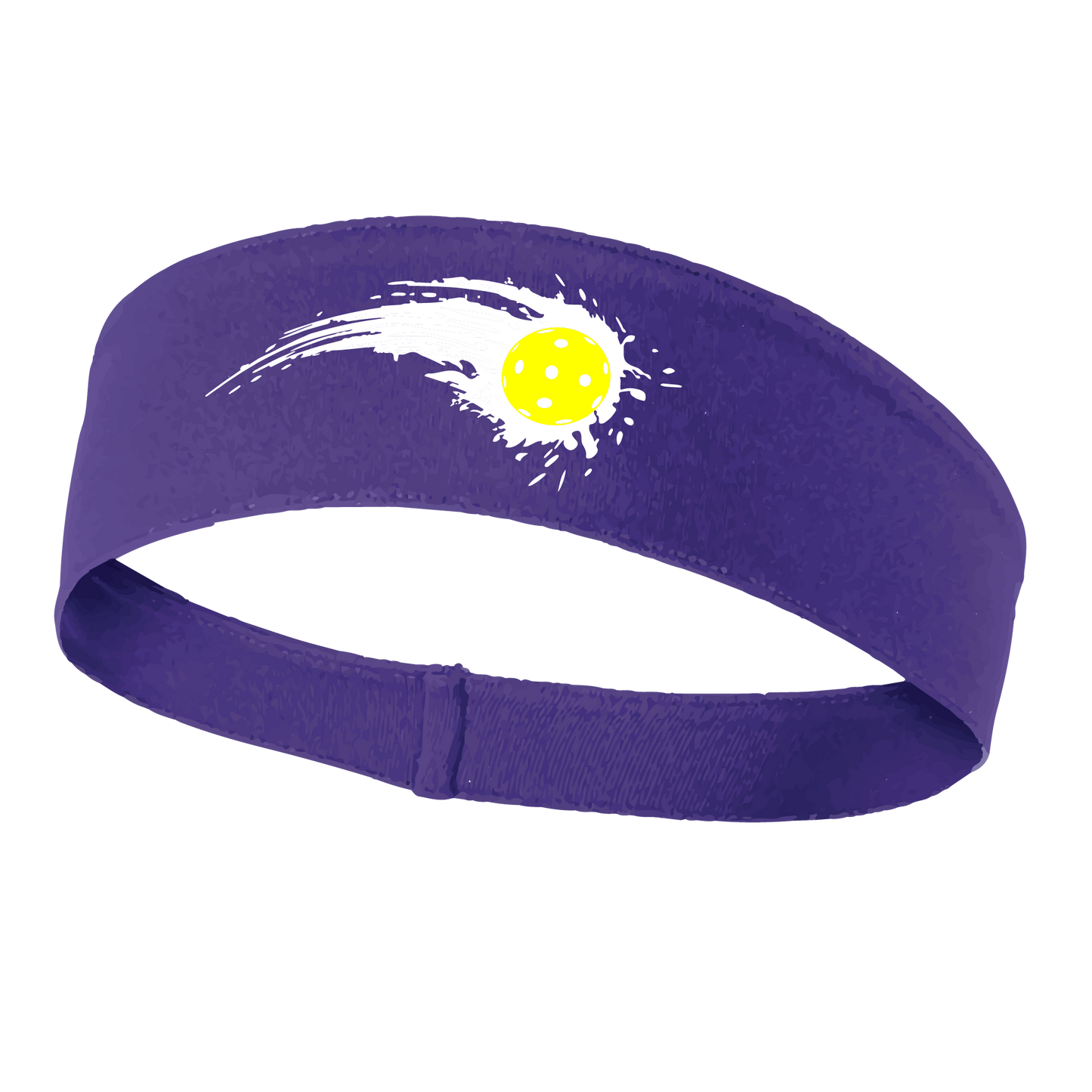 Pickleball Design: Pickleball impact white with yellow ball  This fun, pickleball designed, moisture-wicking headband narrows in the back to fit more securely. Single-needle top-stitched edging. These headbands come in a variety of colors. Truly shows your love for the sport of pickleball!!