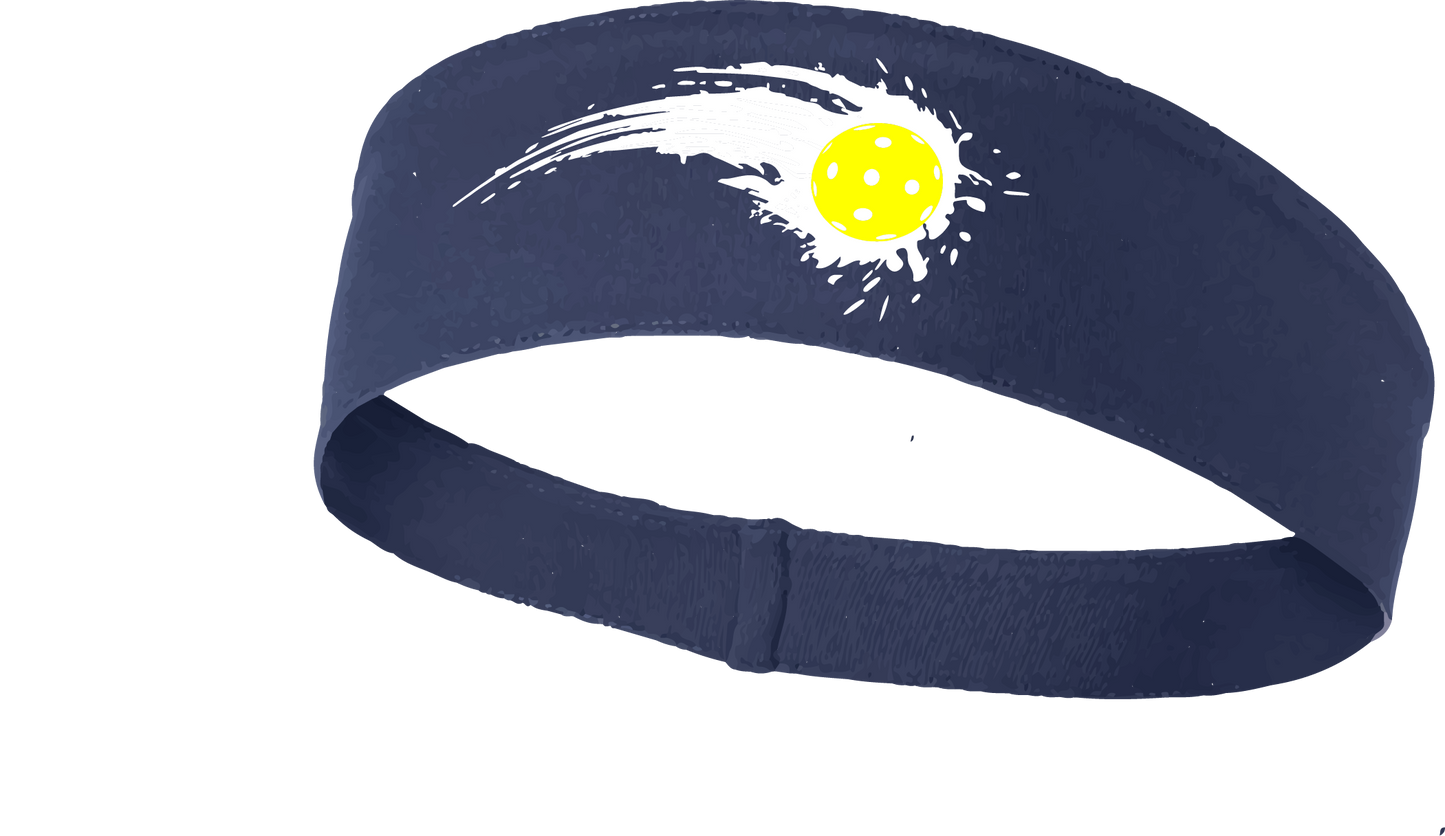 Pickleball Design: Pickleball impact white with yellow ball  This fun, pickleball designed, moisture-wicking headband narrows in the back to fit more securely. Single-needle top-stitched edging. These headbands come in a variety of colors. Truly shows your love for the sport of pickleball!!