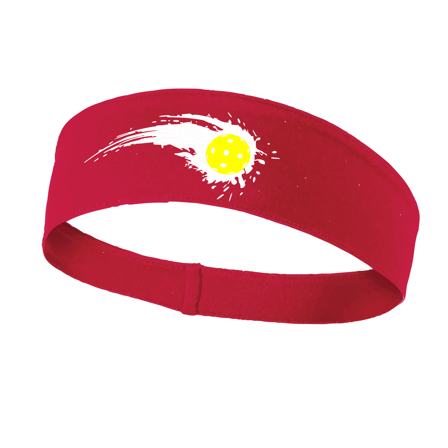 Pickleball Design: Pickleball impact white with yellow ball  This fun, pickleball designed, moisture-wicking headband narrows in the back to fit more securely. Single-needle top-stitched edging. These headbands come in a variety of colors. Truly shows your love for the sport of pickleball!!