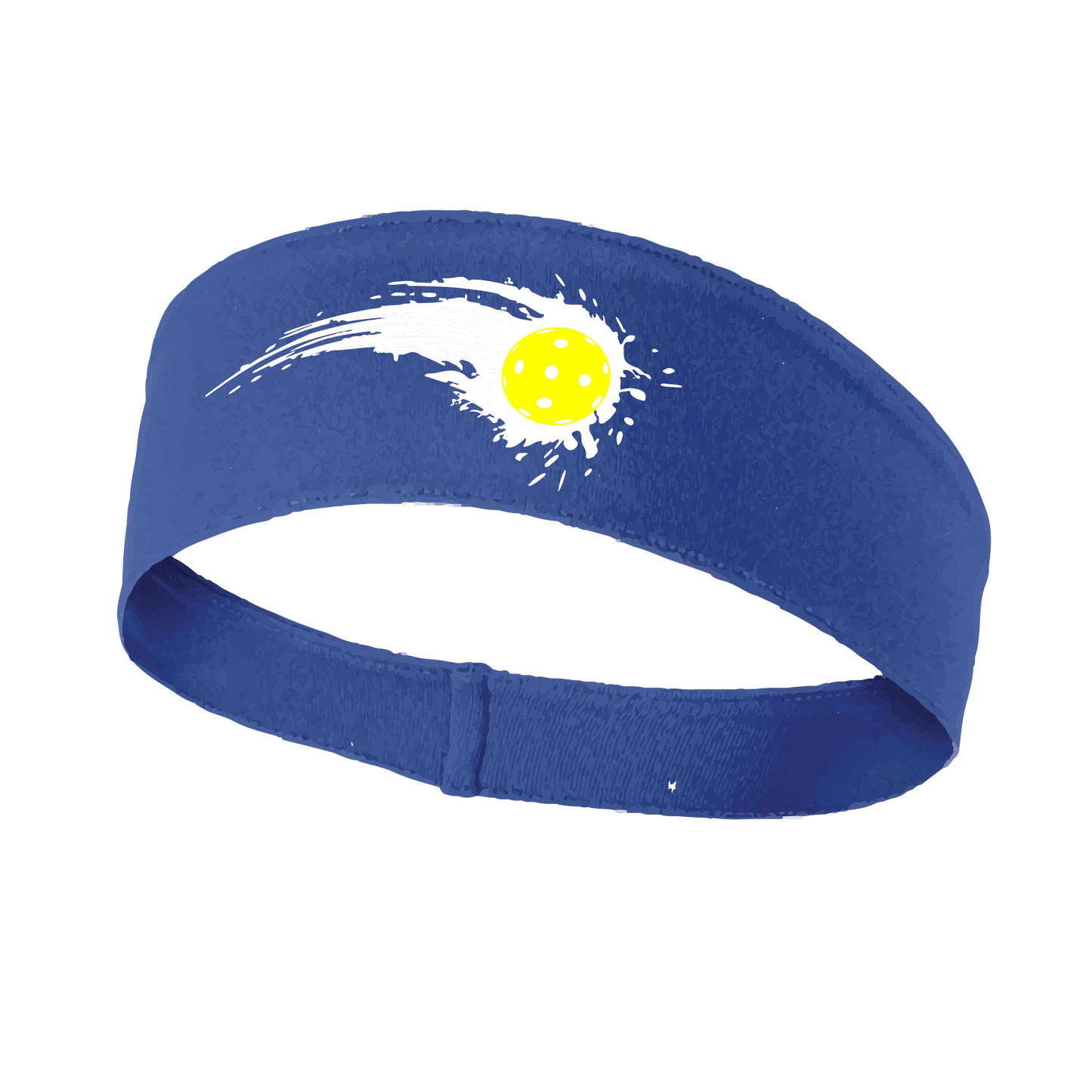 Pickleball Design: Pickleball impact white with yellow ball  This fun, pickleball designed, moisture-wicking headband narrows in the back to fit more securely. Single-needle top-stitched edging. These headbands come in a variety of colors. Truly shows your love for the sport of pickleball!!