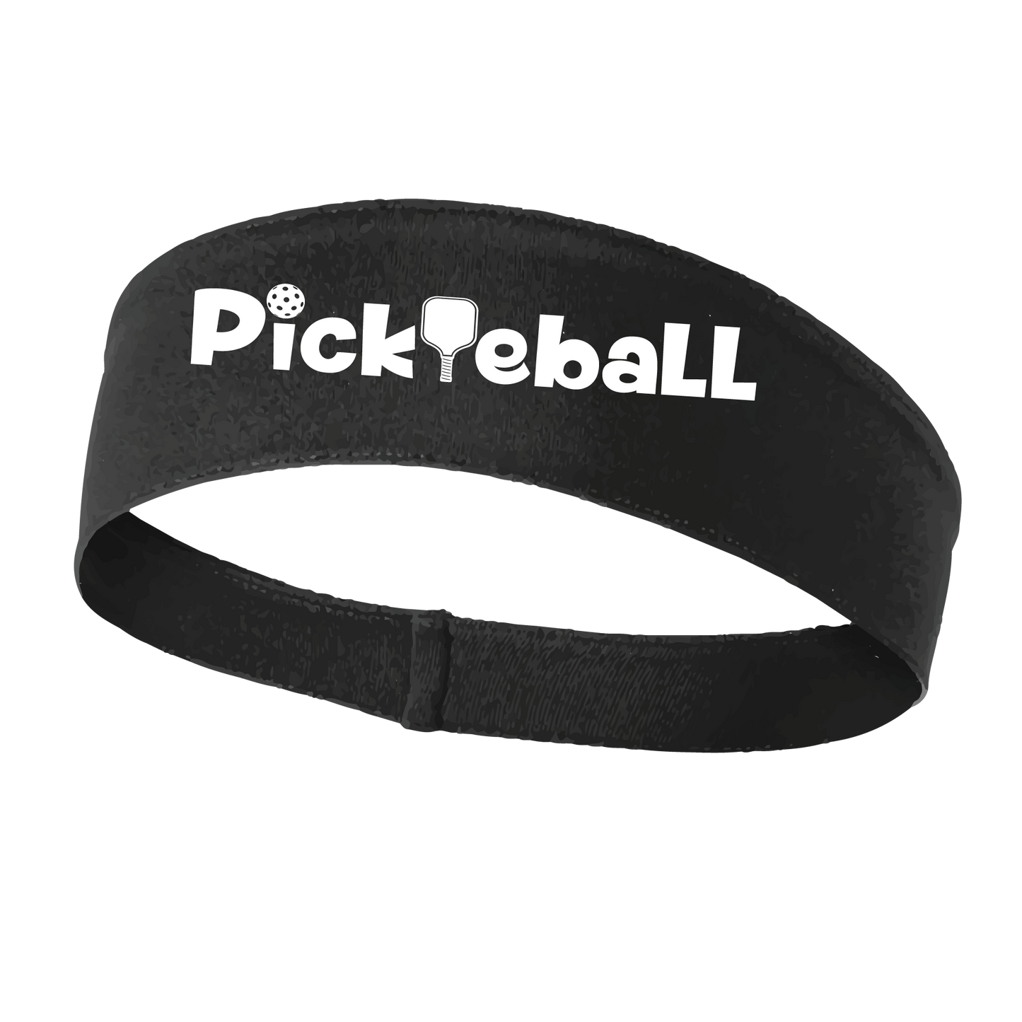 Pickleball Design: Pickleball words in white  This fun, pickleball designed, moisture-wicking headband narrows in the back to fit more securely. Single-needle top-stitched edging. These headbands come in a variety of colors. Truly shows your love for the sport of pickleball!!