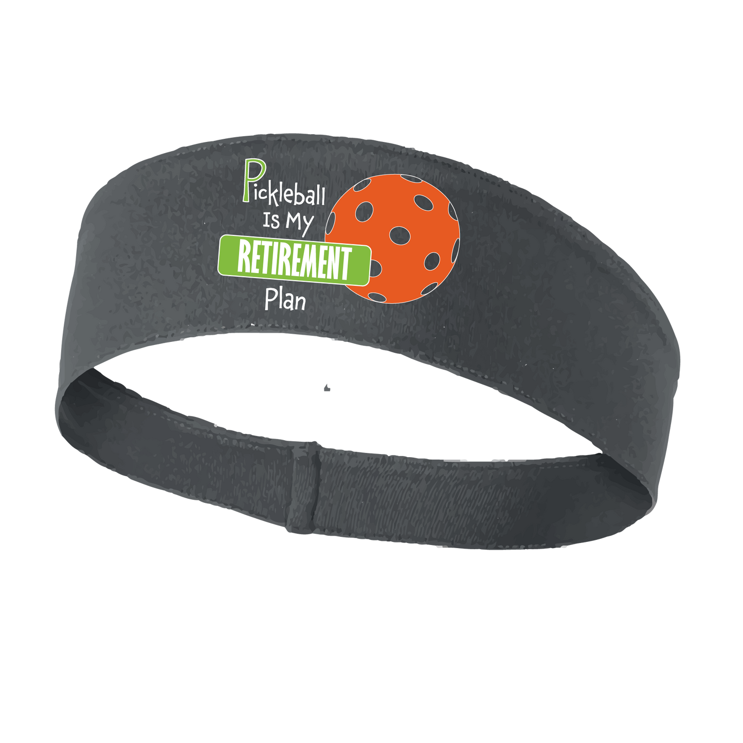 Pickleball Headband Design: Pickleball Retirement  This fun, pickleball designed, moisture-wicking headband narrows in the back to fit more securely. Single-needle top-stitched edging. These headbands come in a variety of colors. Truly shows your love for the sport of pickleball!!