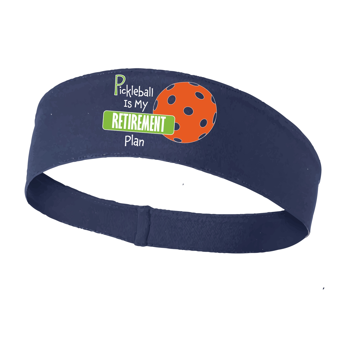 Pickleball Headband Design: Pickleball Retirement  This fun, pickleball designed, moisture-wicking headband narrows in the back to fit more securely. Single-needle top-stitched edging. These headbands come in a variety of colors. Truly shows your love for the sport of pickleball!!