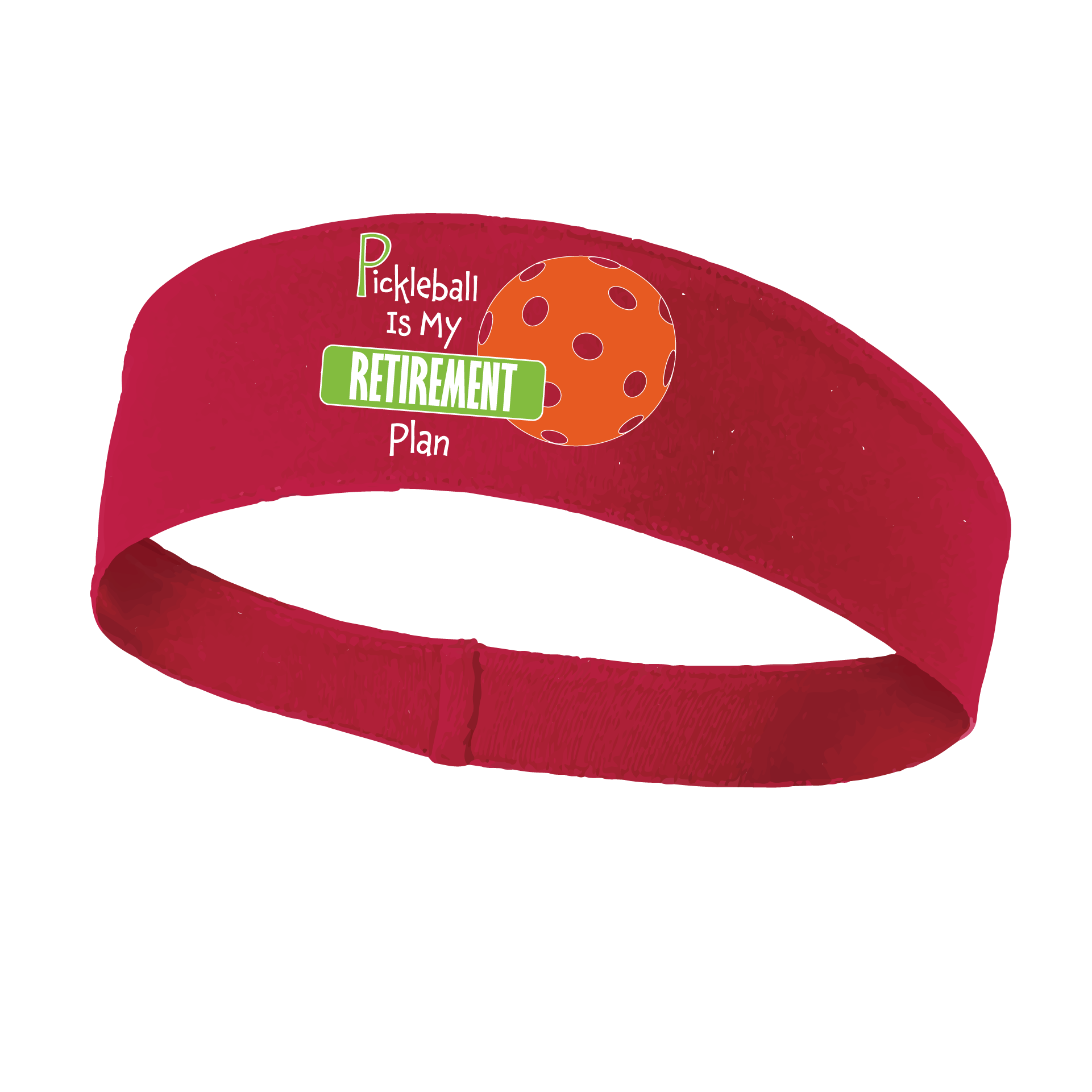 Pickleball Headband Design: Pickleball Retirement  This fun, pickleball designed, moisture-wicking headband narrows in the back to fit more securely. Single-needle top-stitched edging. These headbands come in a variety of colors. Truly shows your love for the sport of pickleball!!