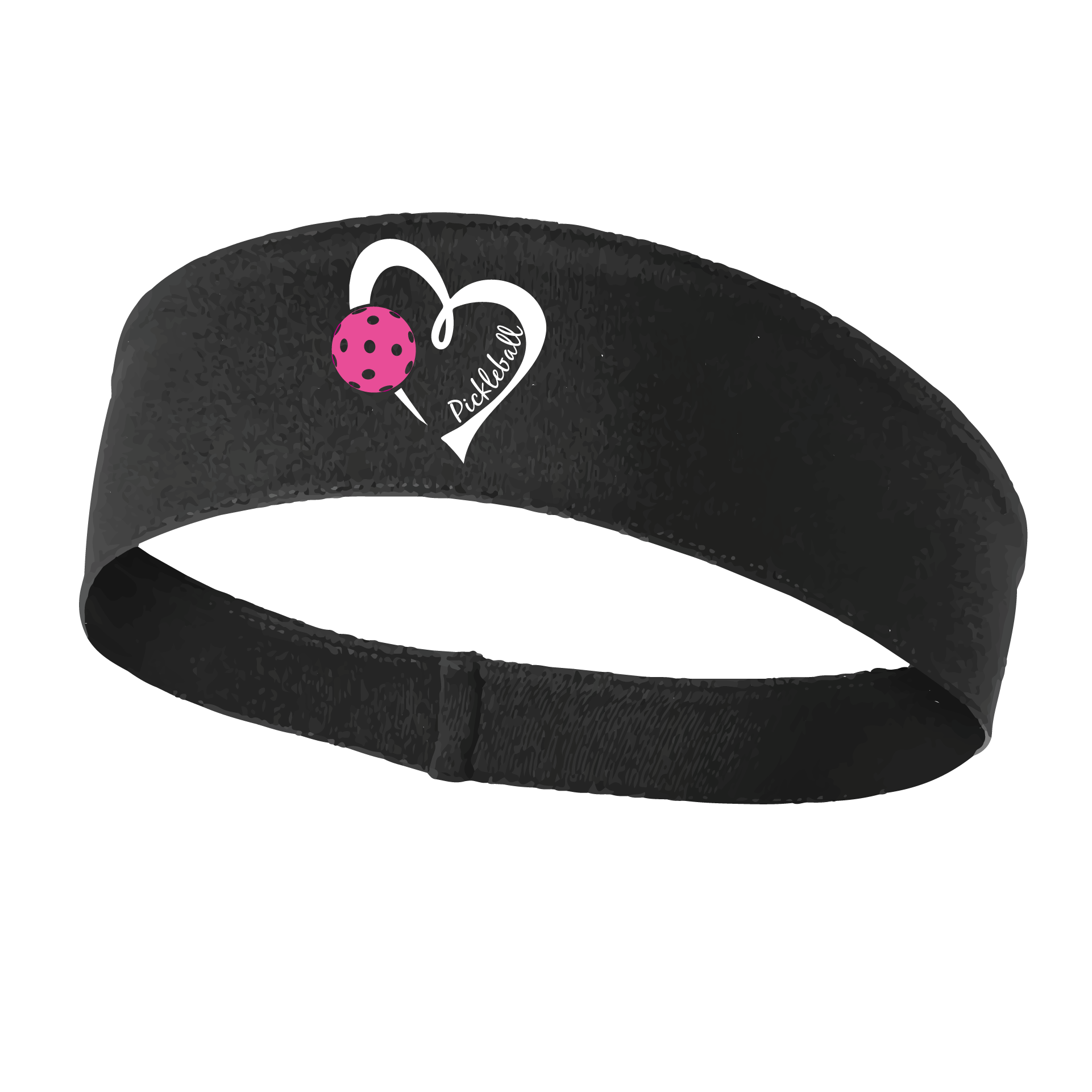 Pickleball Headband Design: Pickleball Love Heart and Ball - Design is White with Pink Ball  This fun, pickleball designed, moisture-wicking headband narrows in the back to fit more securely. Single-needle top-stitched edging. These headbands come in a variety of colors. Truly shows your love for the sport of pickleball!! 