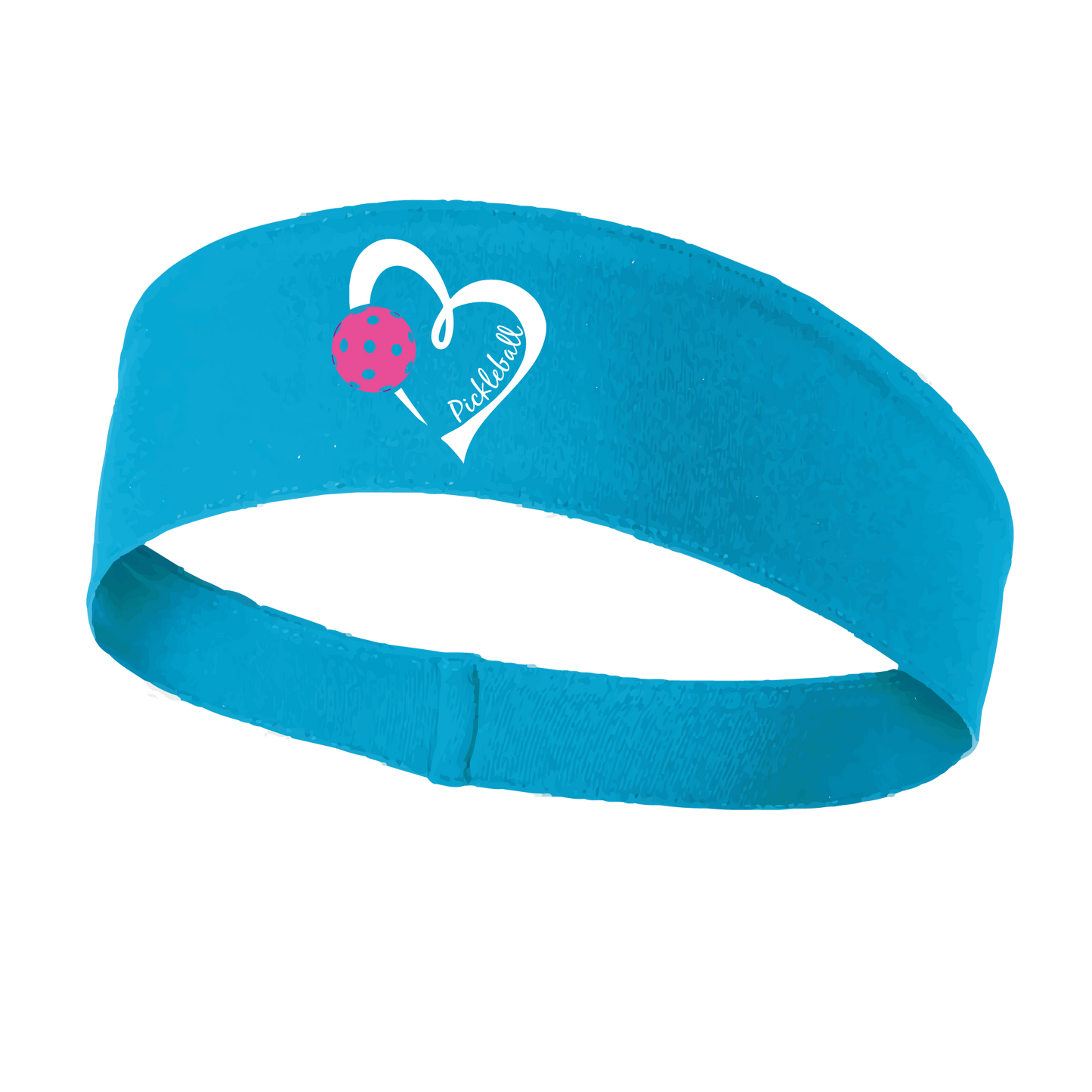 Pickleball Headband Design: Pickleball Love Heart and Ball - Design is White with Pink Ball  This fun, pickleball designed, moisture-wicking headband narrows in the back to fit more securely. Single-needle top-stitched edging. These headbands come in a variety of colors. Truly shows your love for the sport of pickleball!! 