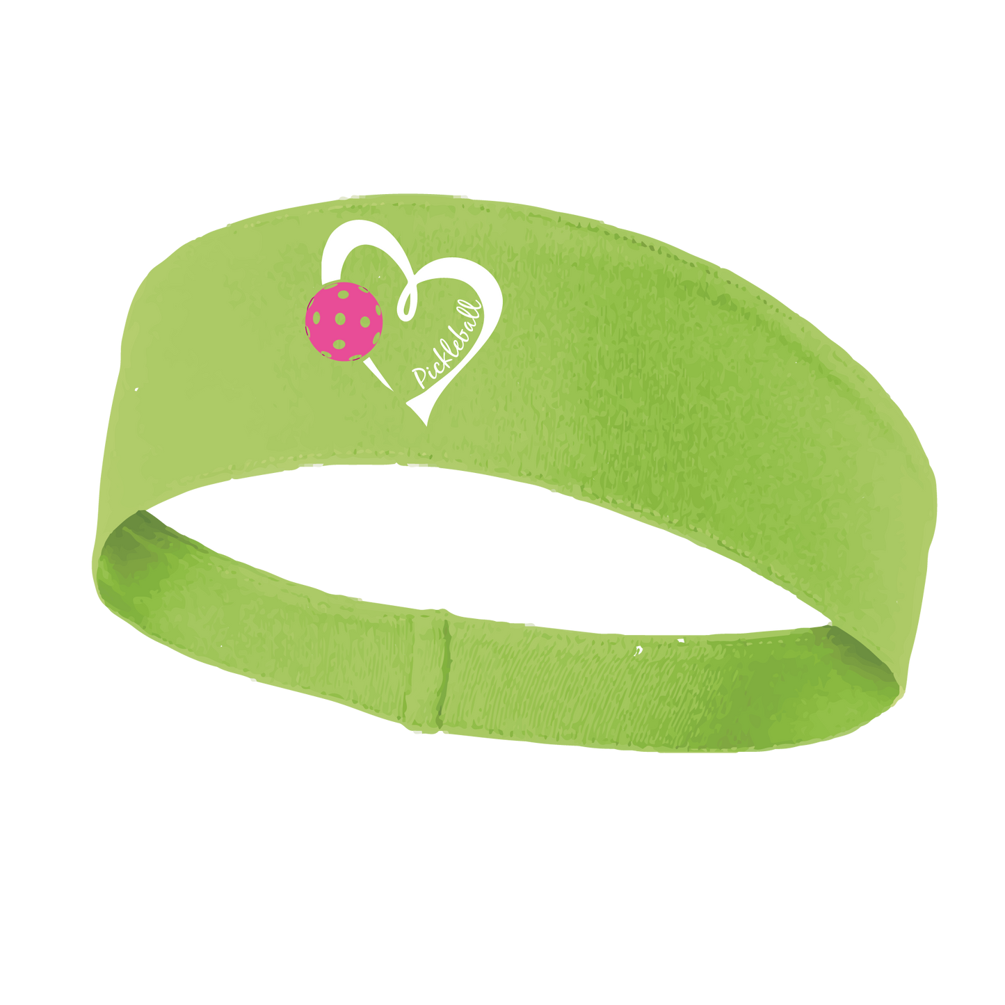 Pickleball Headband Design: Pickleball Love Heart and Ball - Design is White with Pink Ball  This fun, pickleball designed, moisture-wicking headband narrows in the back to fit more securely. Single-needle top-stitched edging. These headbands come in a variety of colors. Truly shows your love for the sport of pickleball!! 