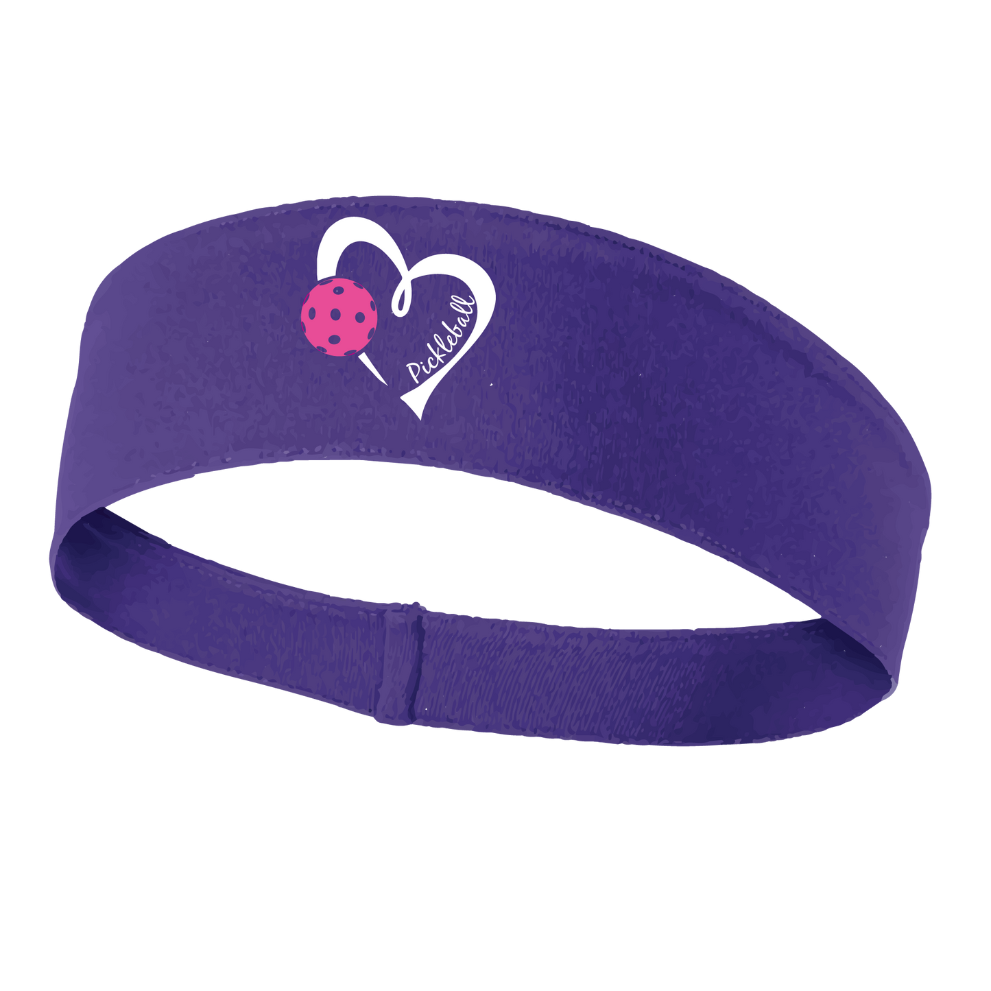 Pickleball Headband Design: Pickleball Love Heart and Ball - Design is White with Pink Ball  This fun, pickleball designed, moisture-wicking headband narrows in the back to fit more securely. Single-needle top-stitched edging. These headbands come in a variety of colors. Truly shows your love for the sport of pickleball!! 