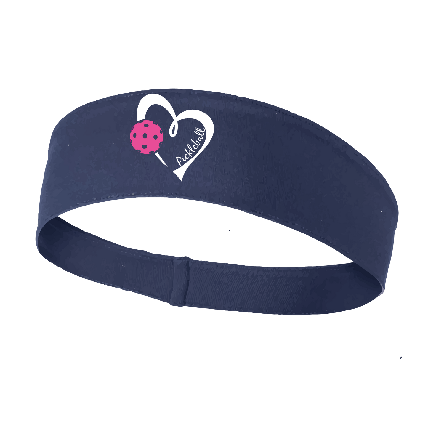 Pickleball Headband Design: Pickleball Love Heart and Ball - Design is White with Pink Ball  This fun, pickleball designed, moisture-wicking headband narrows in the back to fit more securely. Single-needle top-stitched edging. These headbands come in a variety of colors. Truly shows your love for the sport of pickleball!! 