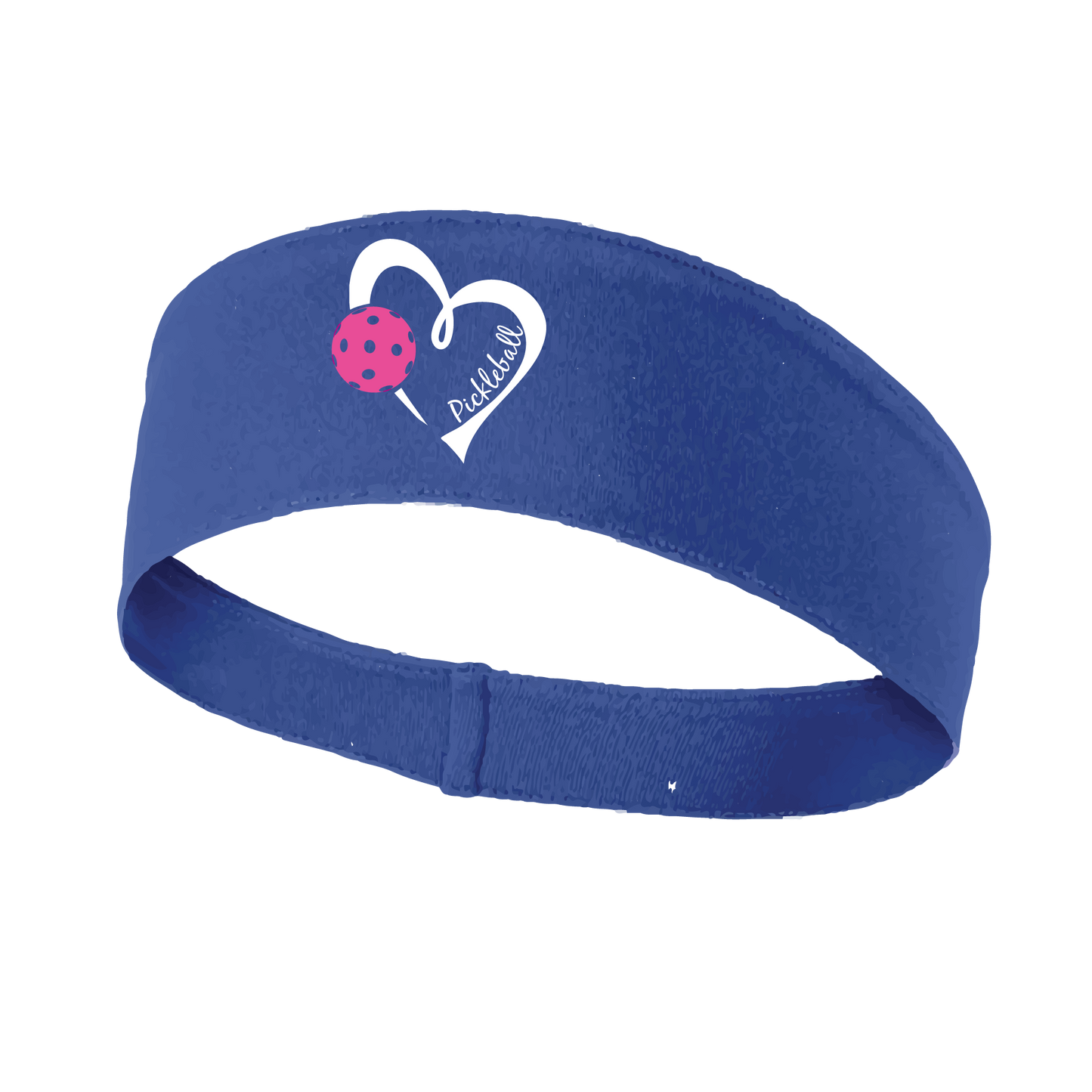 Pickleball Headband Design: Pickleball Love Heart and Ball - Design is White with Pink Ball  This fun, pickleball designed, moisture-wicking headband narrows in the back to fit more securely. Single-needle top-stitched edging. These headbands come in a variety of colors. Truly shows your love for the sport of pickleball!! 