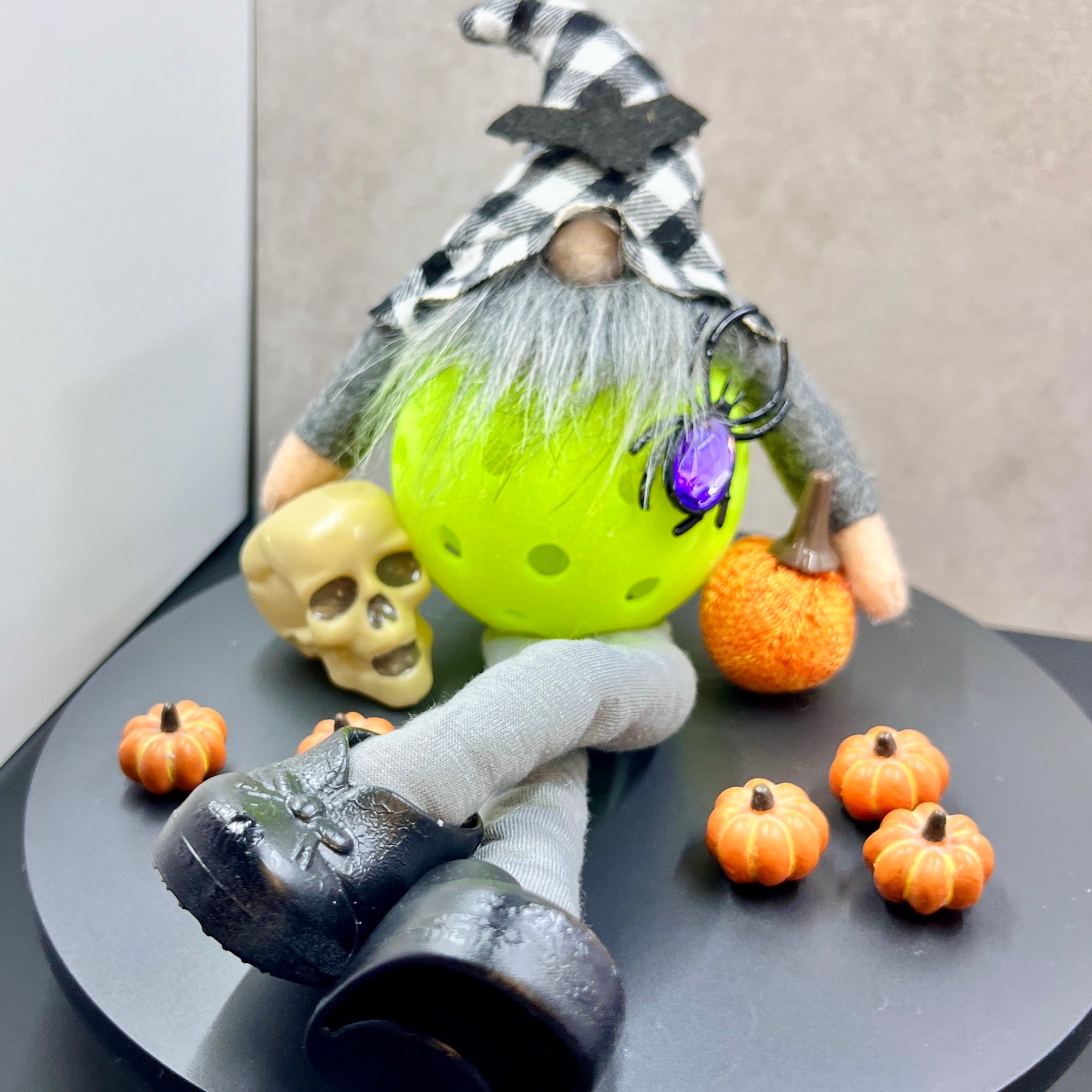 HALLOWEEN PICKLEBALL GNOME FOR THE HOLIDAY SEASON - DECORATION OR GIFT  These pickleball gnomes are perfect for decoration or gifts for your pickleball addicted friends. Each Pickleball Gnome's body is an upcycled full-sized pickleball with skull and pumpkin or skeleton adornments!! These Gnomes are the perfect gifts for all you pickleball lovers in your life!! Adding a Pickleball Gnome to your house only makes it better.