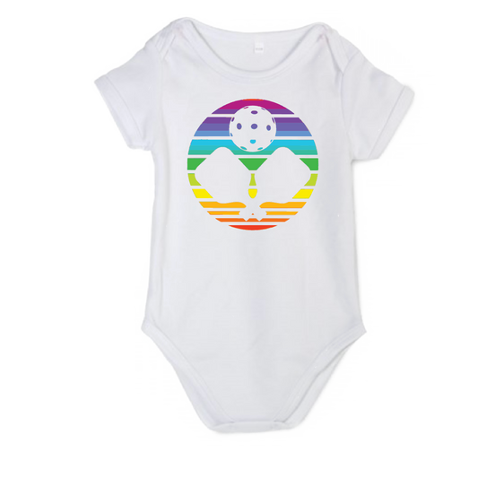 Pickleball Design: Rainbow Pickleball ONsie  It’s a family affair! Show your love with these cute “Onesies” designed for the pickleball addict’s newest addition to the family. These unique designs are sure to please the fussiest of babies, parents and grandparents. Makes a perfect shower gift, birthday gift or just because gift.