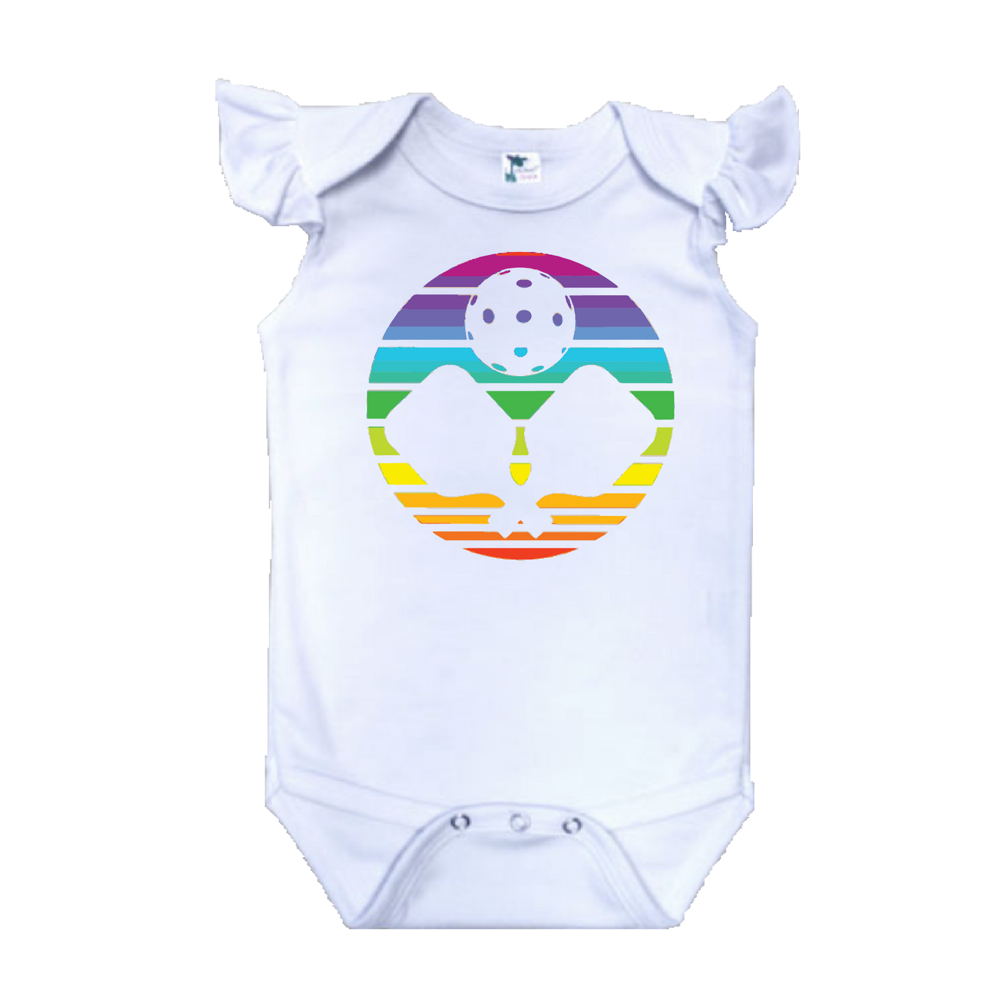 Pickleball Design: Infant Pickleball Rainbow and Paddles  It’s a family affair! Show your love with these cute “Onesies” that have Flutter Sleeves designed for the pickleball addict’s newest addition to the family. These unique designs are sure to please the fussiest of babies, parents and grandparents. Makes a perfect shower gift, birthday gift or just because gift. 