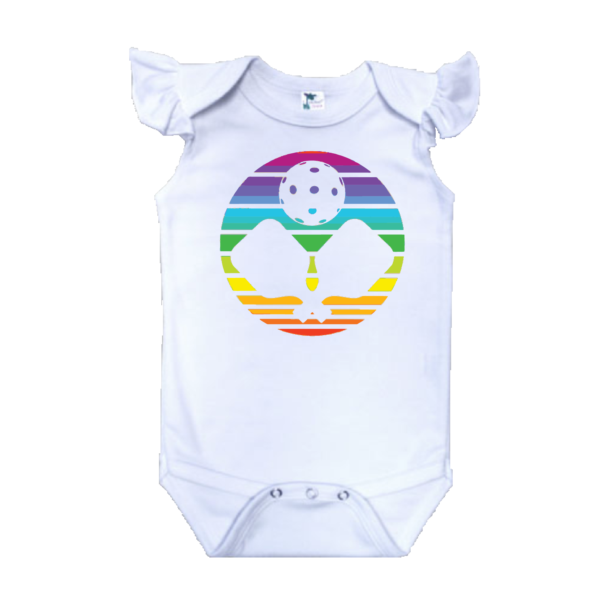 Pickleball Design: Infant Pickleball Rainbow and Paddles  It’s a family affair! Show your love with these cute “Onesies” that have Flutter Sleeves designed for the pickleball addict’s newest addition to the family. These unique designs are sure to please the fussiest of babies, parents and grandparents. Makes a perfect shower gift, birthday gift or just because gift. 